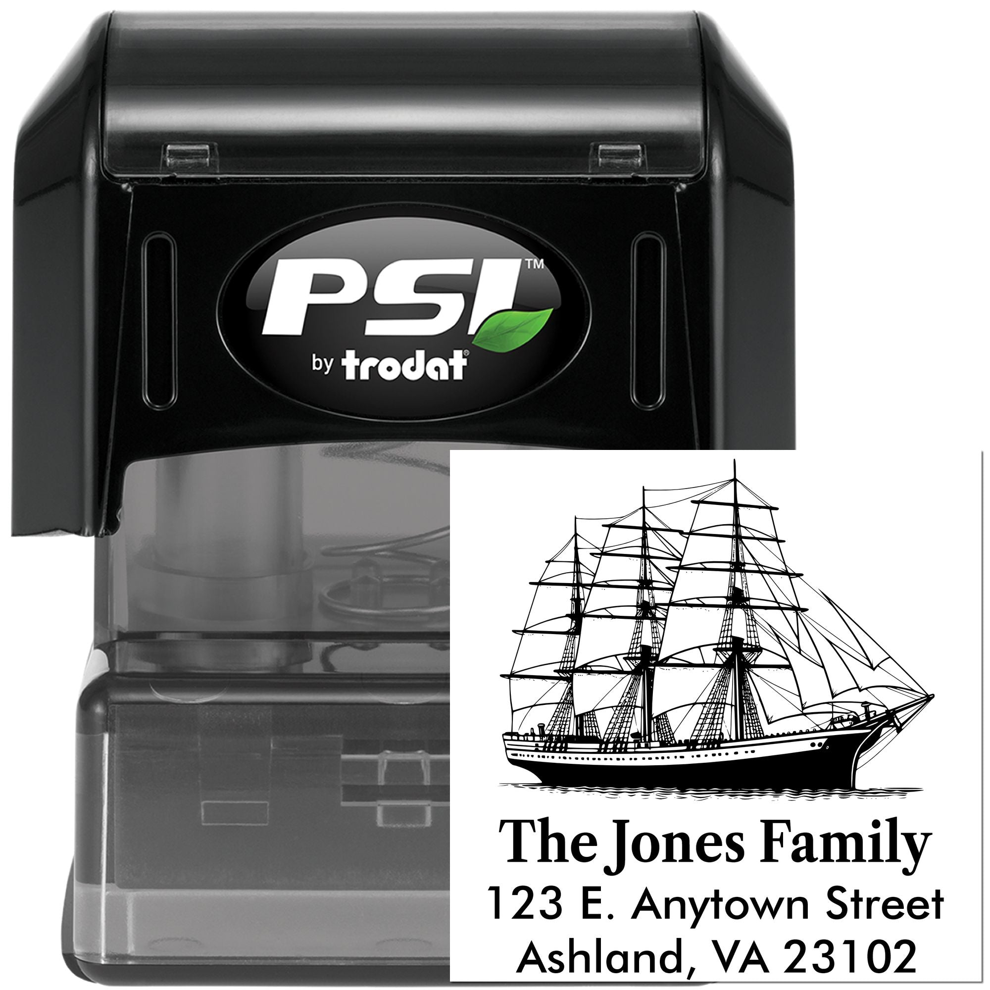PSI by Trodat custom self-inking rubber stamp with ship design and personalized family address for mailing and stationery