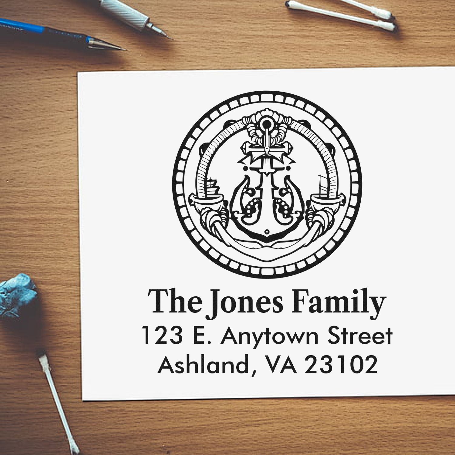 Custom nautical anchor return address rubber stamp for The Jones Family, Ashland, VA personalized mailing stamp