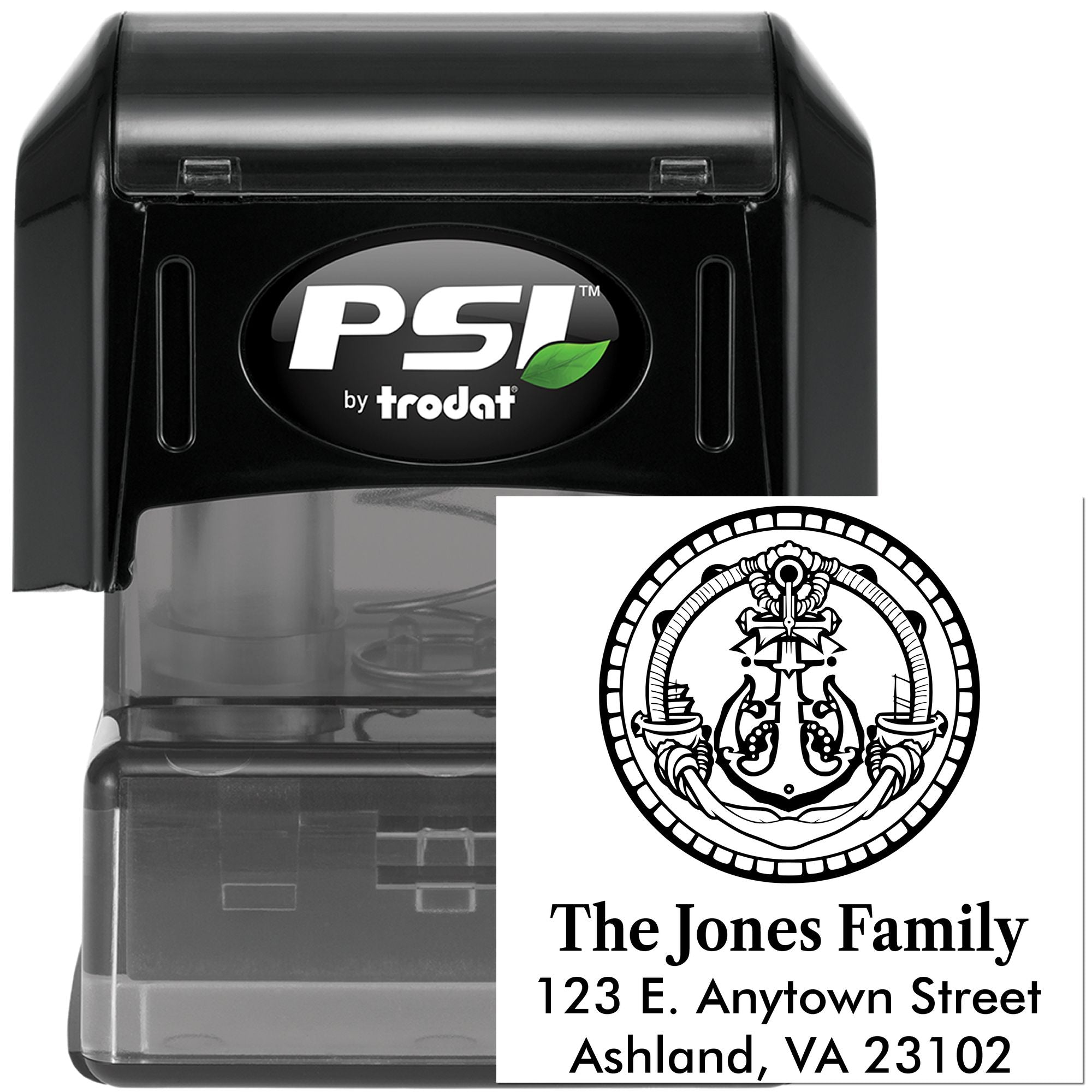 Custom self-inking address rubber stamp by PSI Trodat with The Jones Family name and Ashland, VA address imprint