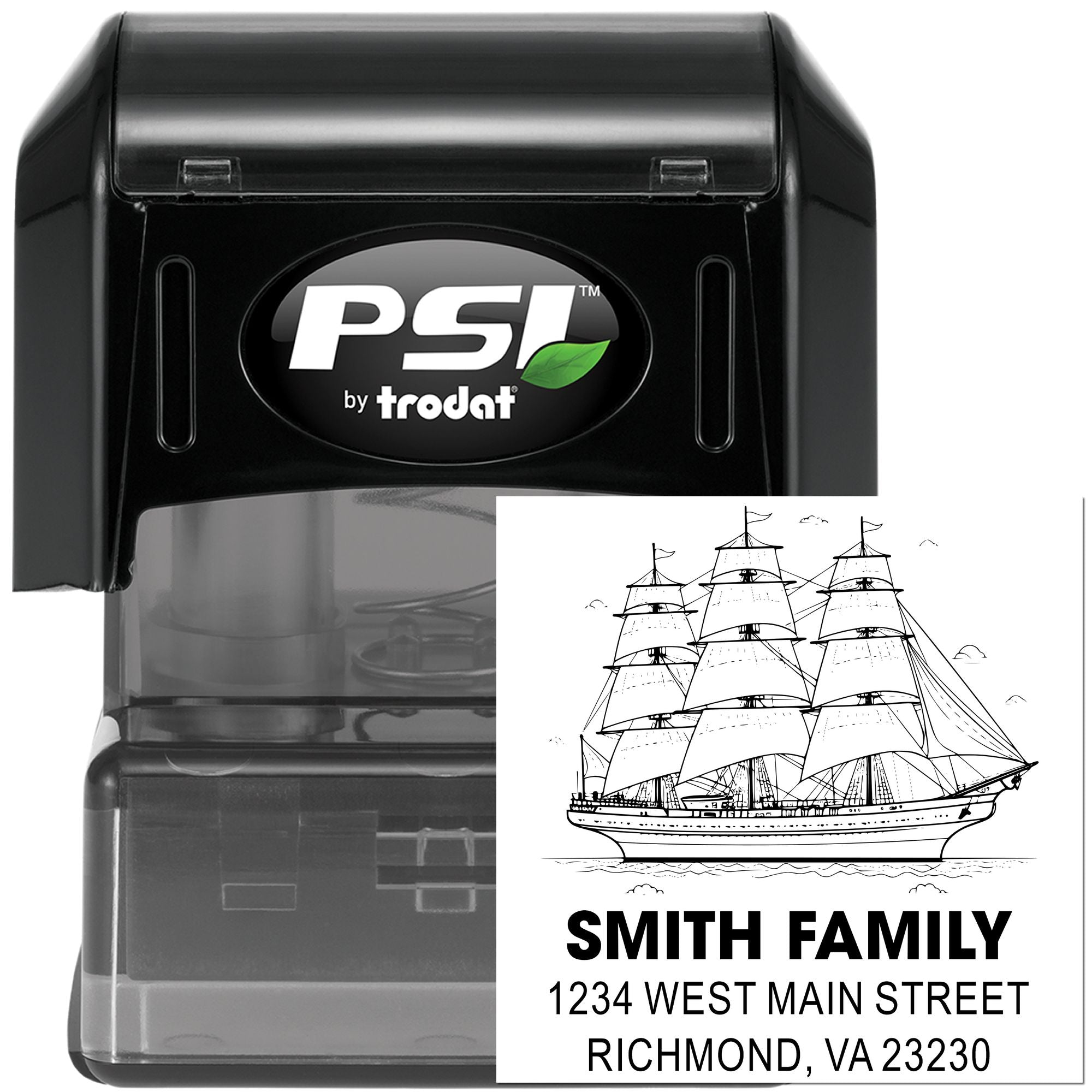 Custom self-inking rubber stamp with sailing ship design and return address for the Smith family, Richmond, VA.