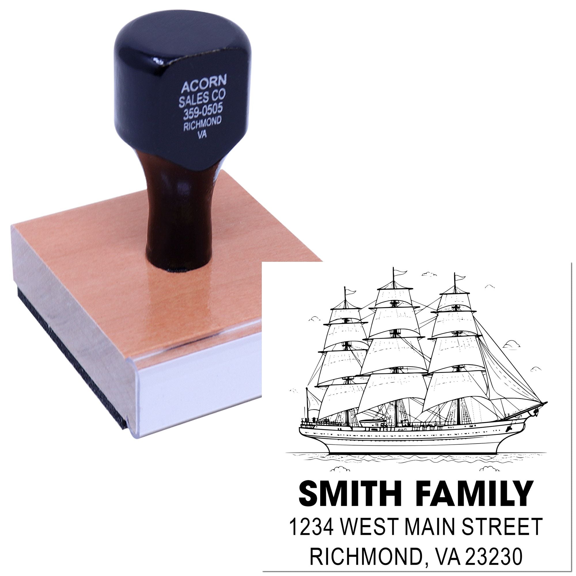 Custom return address rubber stamp with sailing ship design for Smith Family mailing labels and stationery.