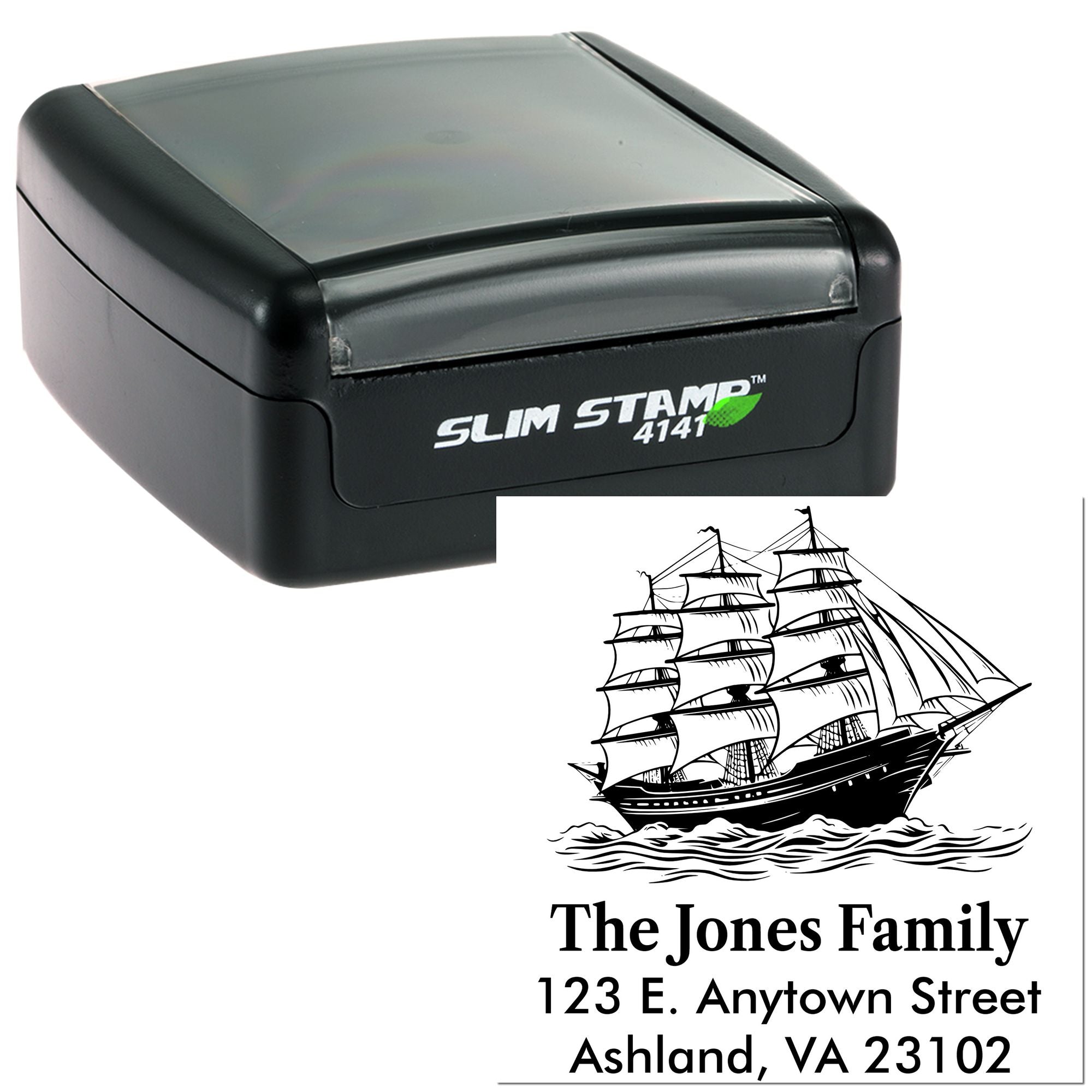 Custom self-inking address rubber stamp with sailing ship design for personalized family return mailings.