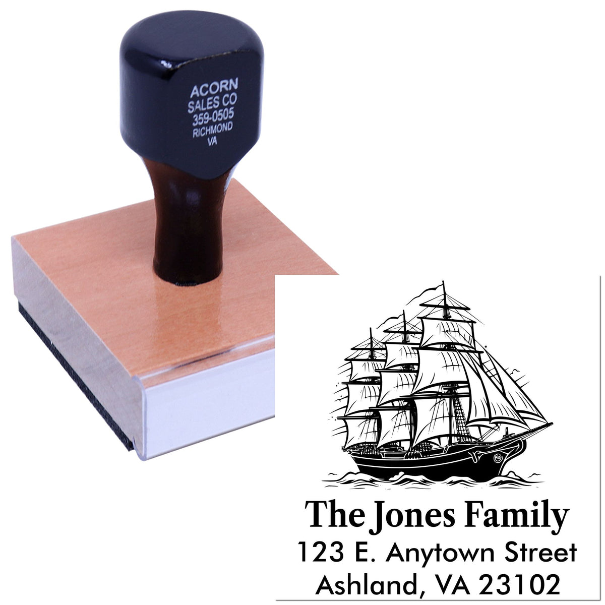 Custom address rubber stamp with ship design for The Jones Family, featuring personalized name and mailing address.