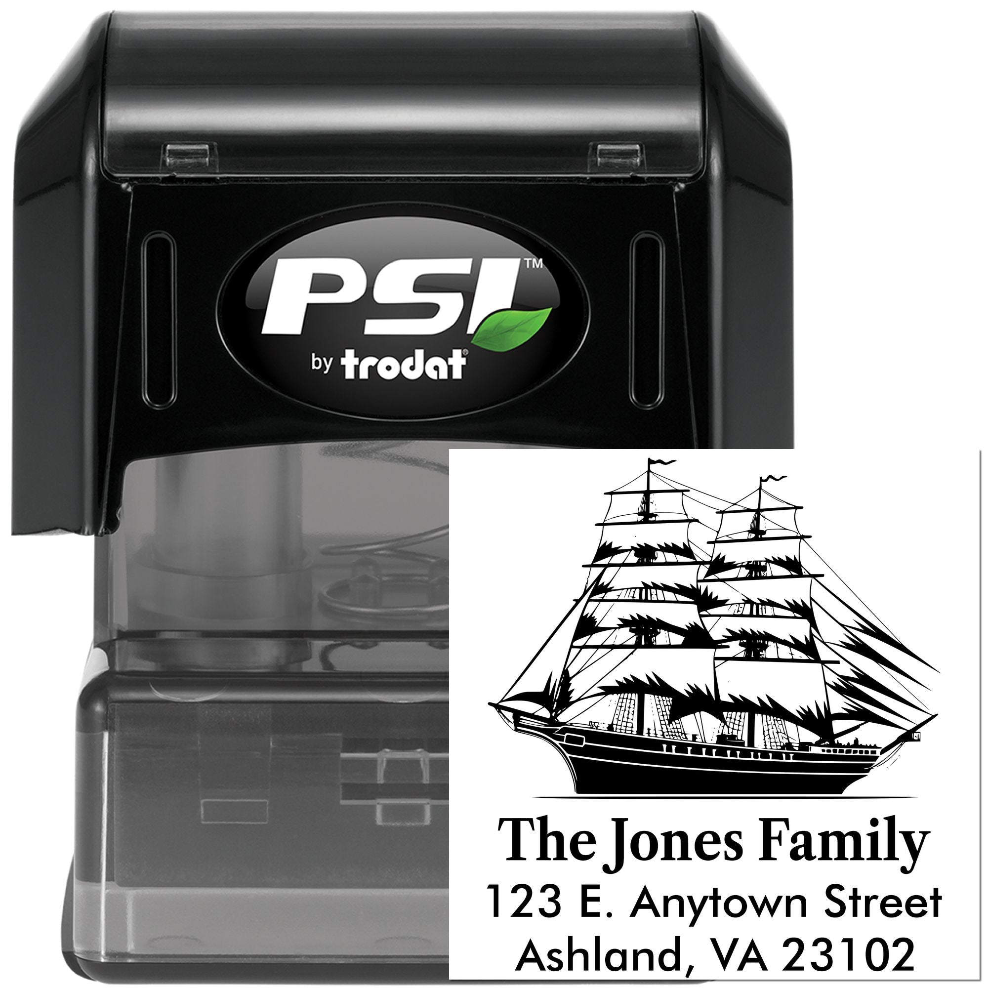 Custom self-inking rubber stamp by PSI by Trodat with ship design and return address for The Jones Family, Ashland, VA.