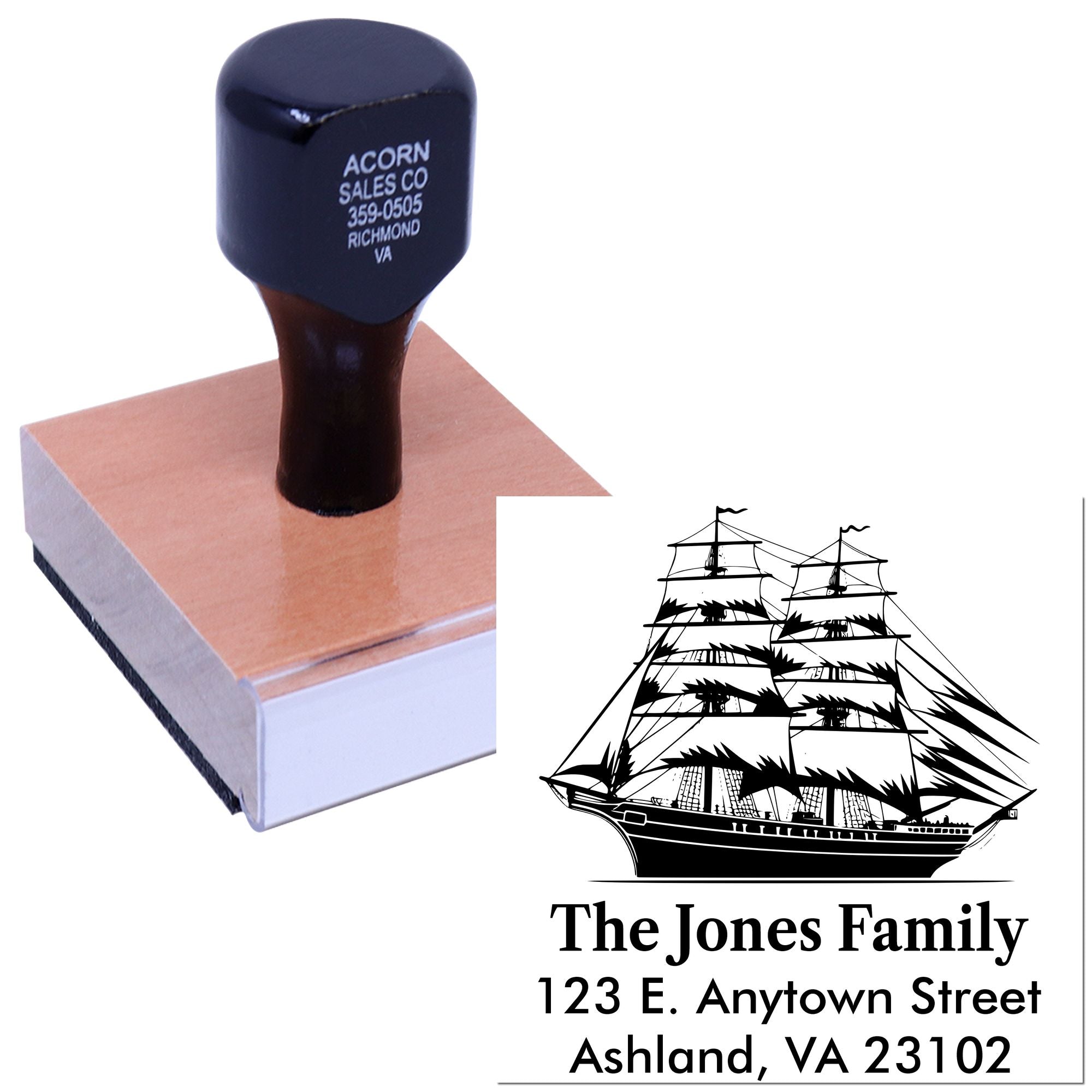 Custom rubber stamp with nautical ship design and family return address for personalized mailings.