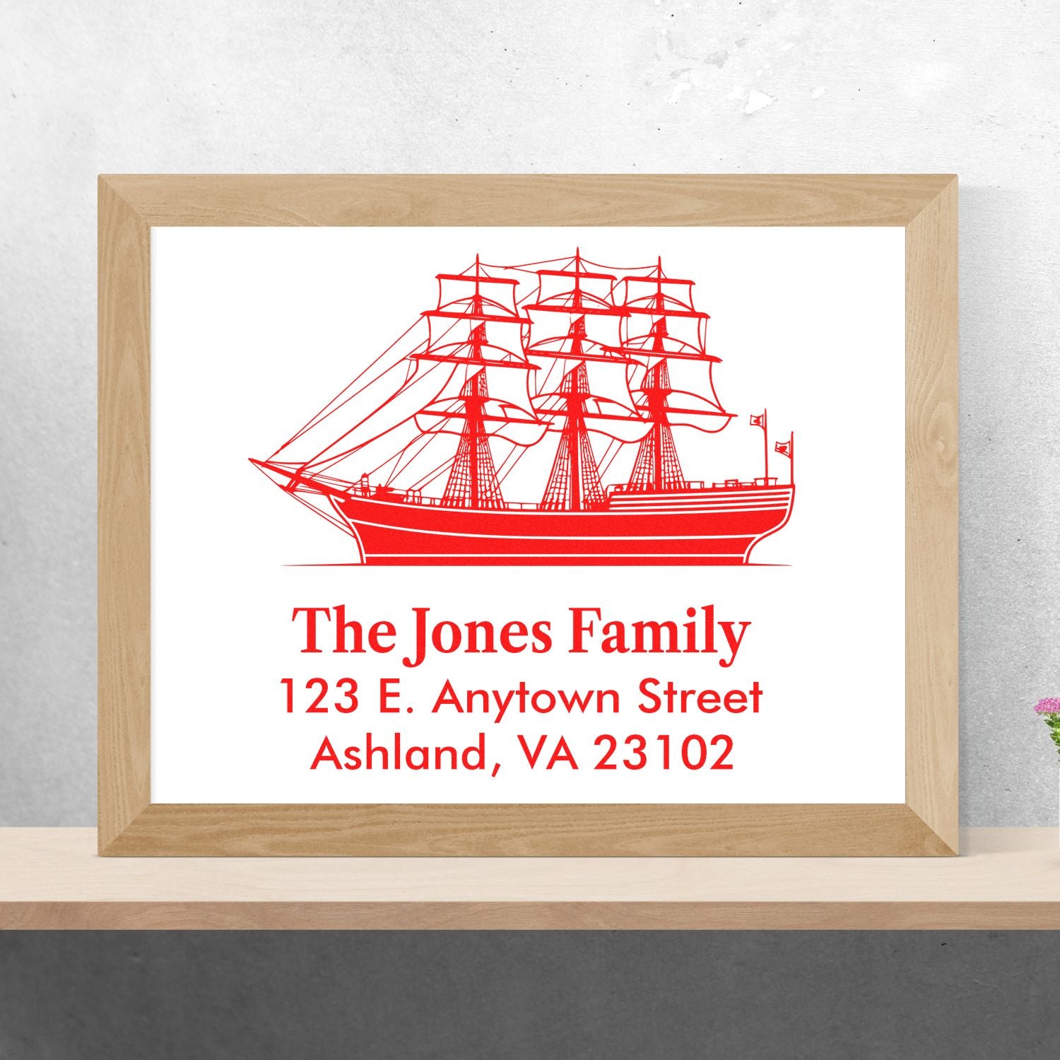 Custom return address rubber stamp with sailing ship, The Jones Family, Ashland VA address for nautical mail.
