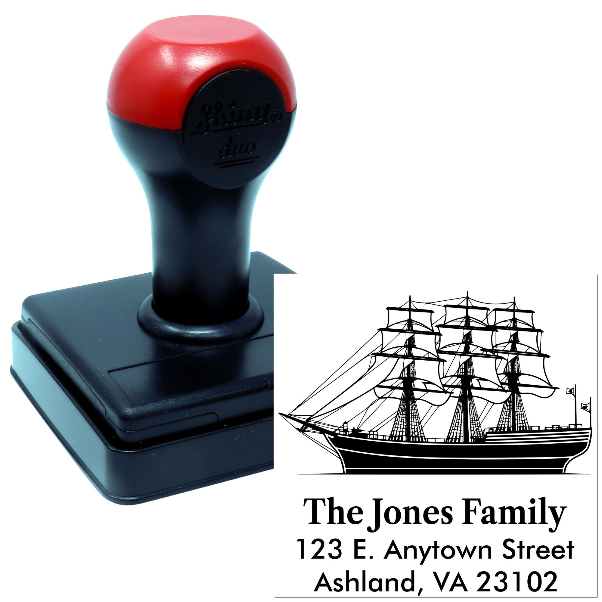 Custom self-inking address rubber stamp with ship design for The Jones Family, Ashland VA 23102.