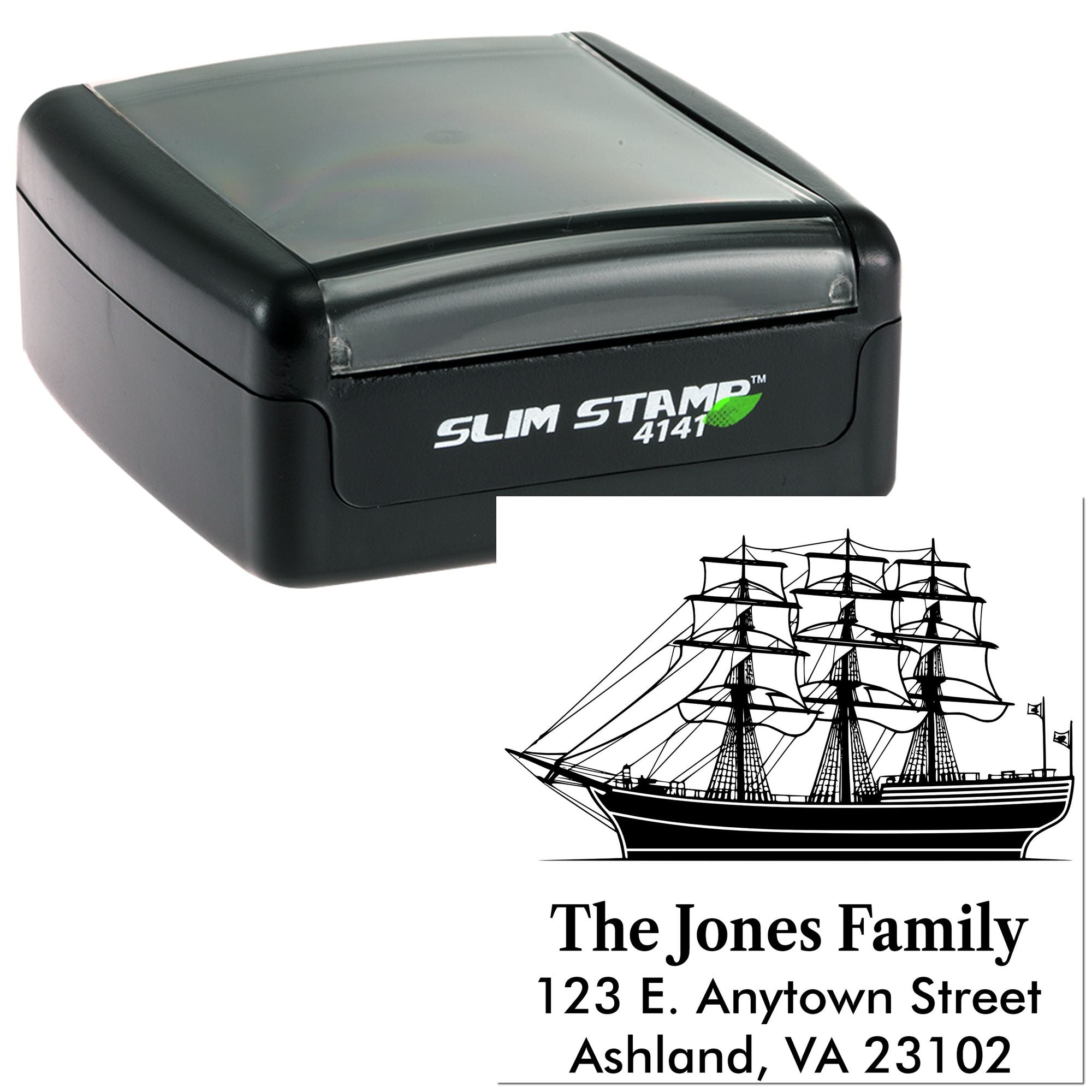 Slim Stamp 4141 self-inking rubber stamp with ship design for personalized return address imprint, The Jones Family.