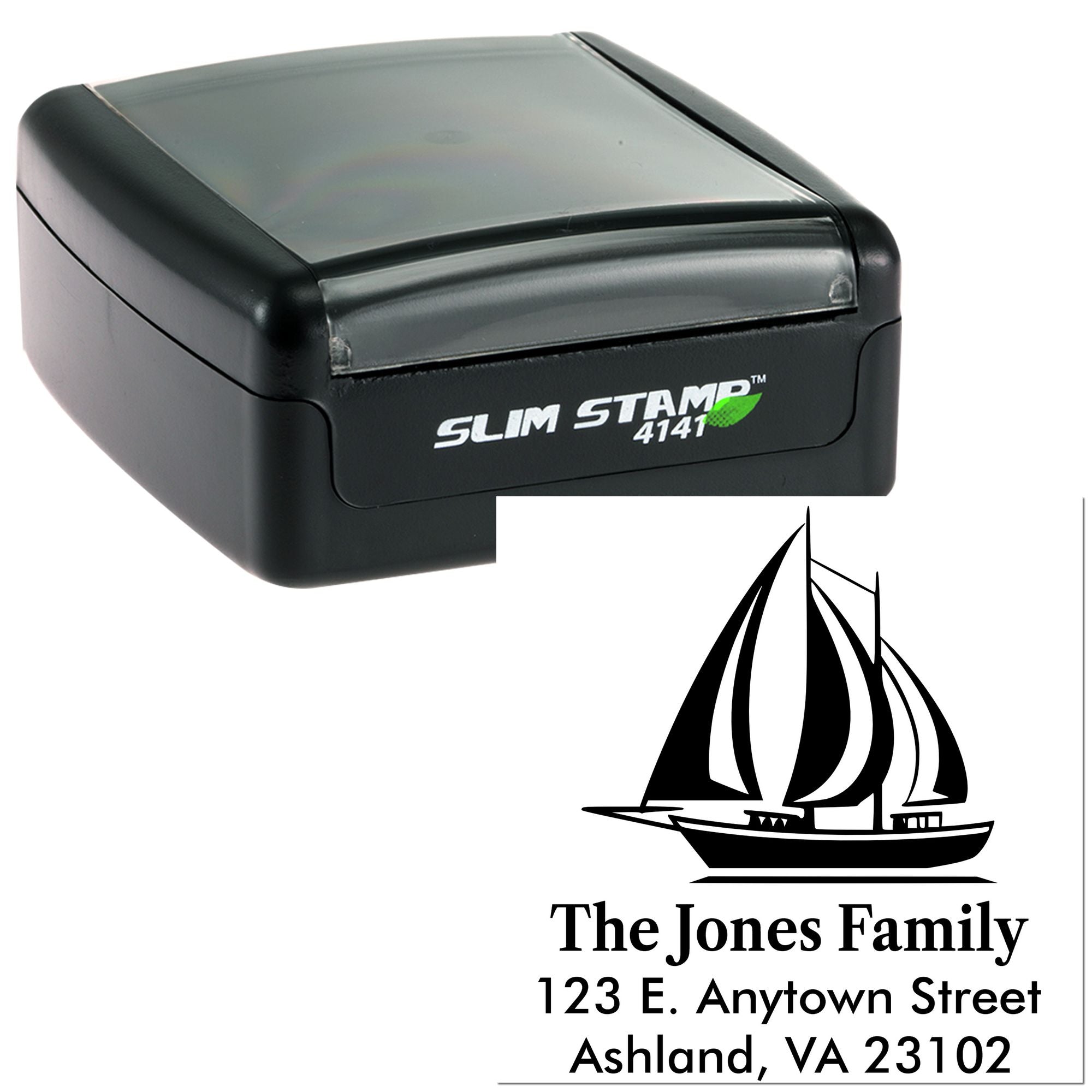 Self-inking custom address rubber stamp with sailboat design for The Jones Family, Ashland, VA 23102