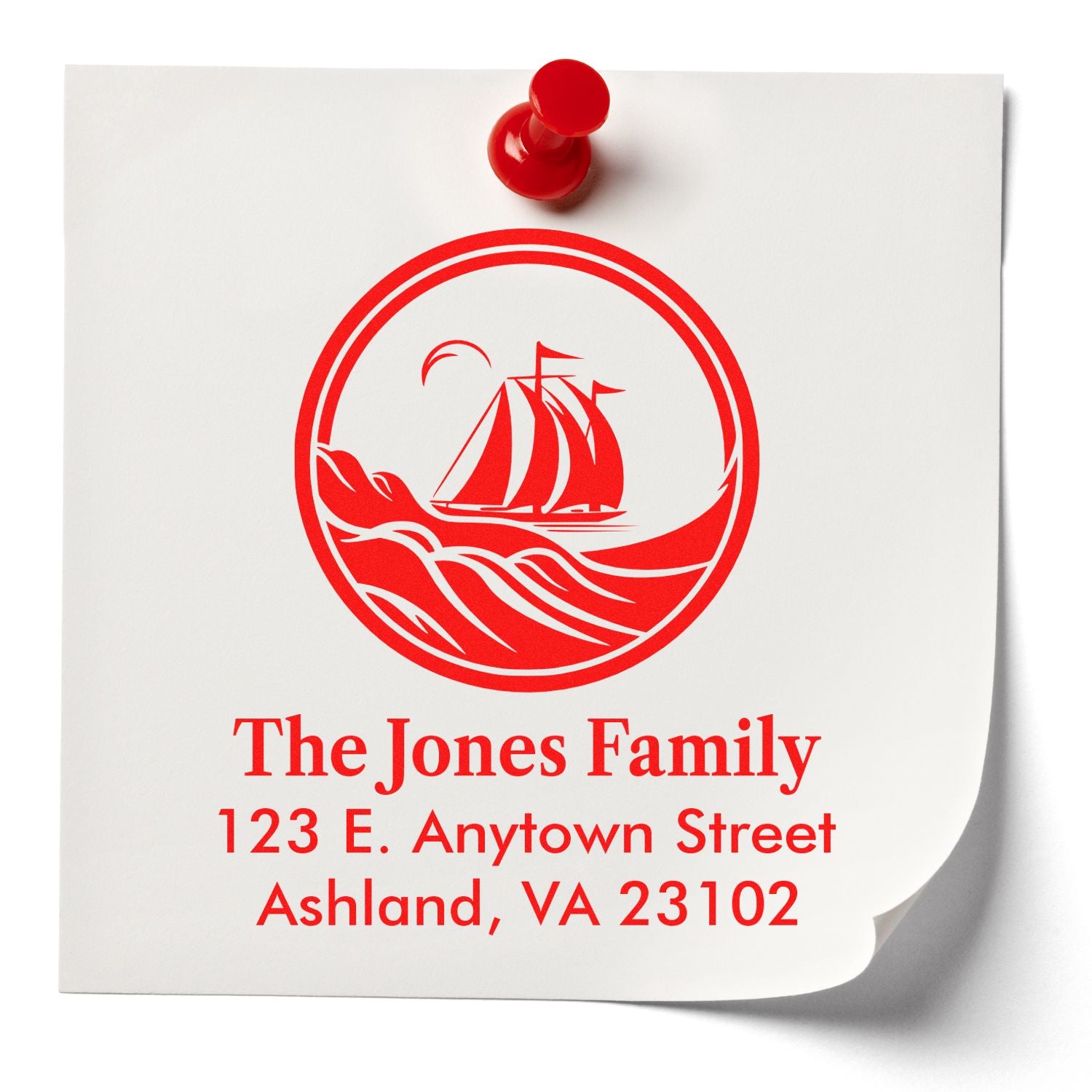 Custom return address rubber stamp with sailboat logo for The Jones Family, Ashland, VA envelopes and stationery.