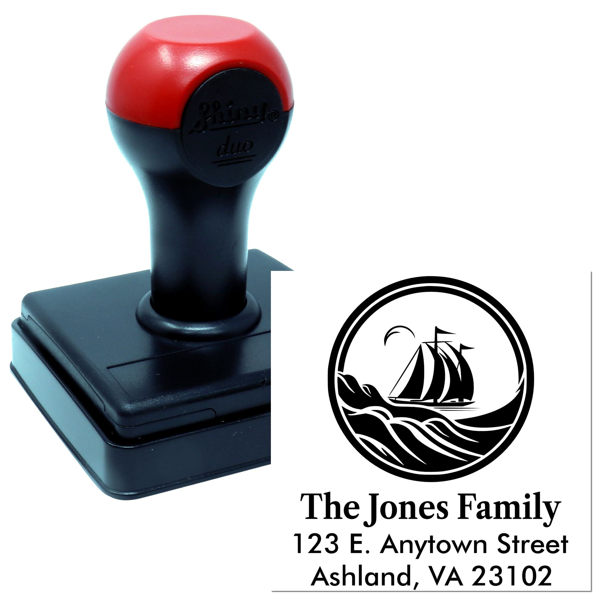 Personalized rubber address stamp with sailboat family logo and return address, ideal for mailing, stationery, and home use.
