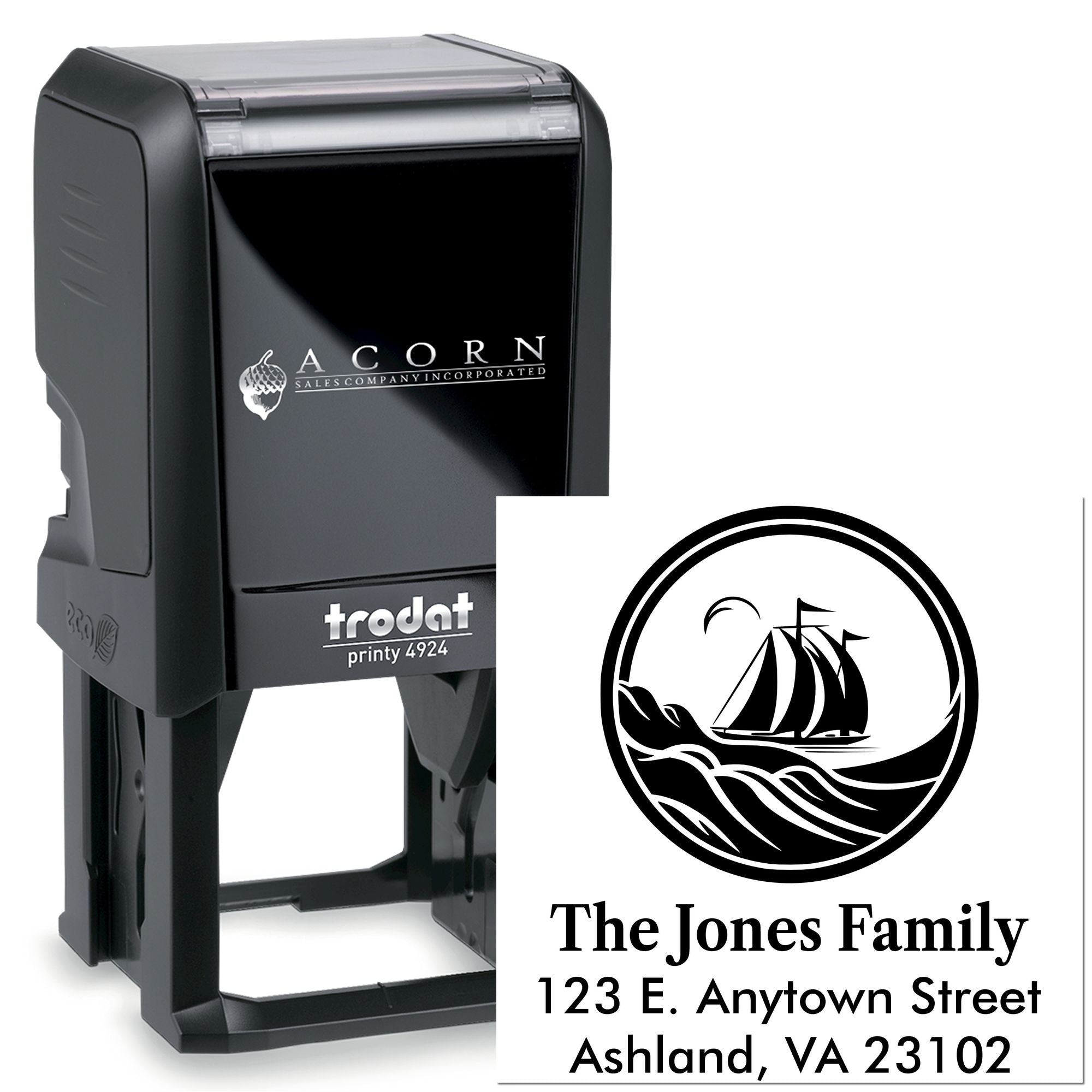 Custom self-inking rubber stamp with sailboat logo and address block for The Jones Family, Ashland, VA.