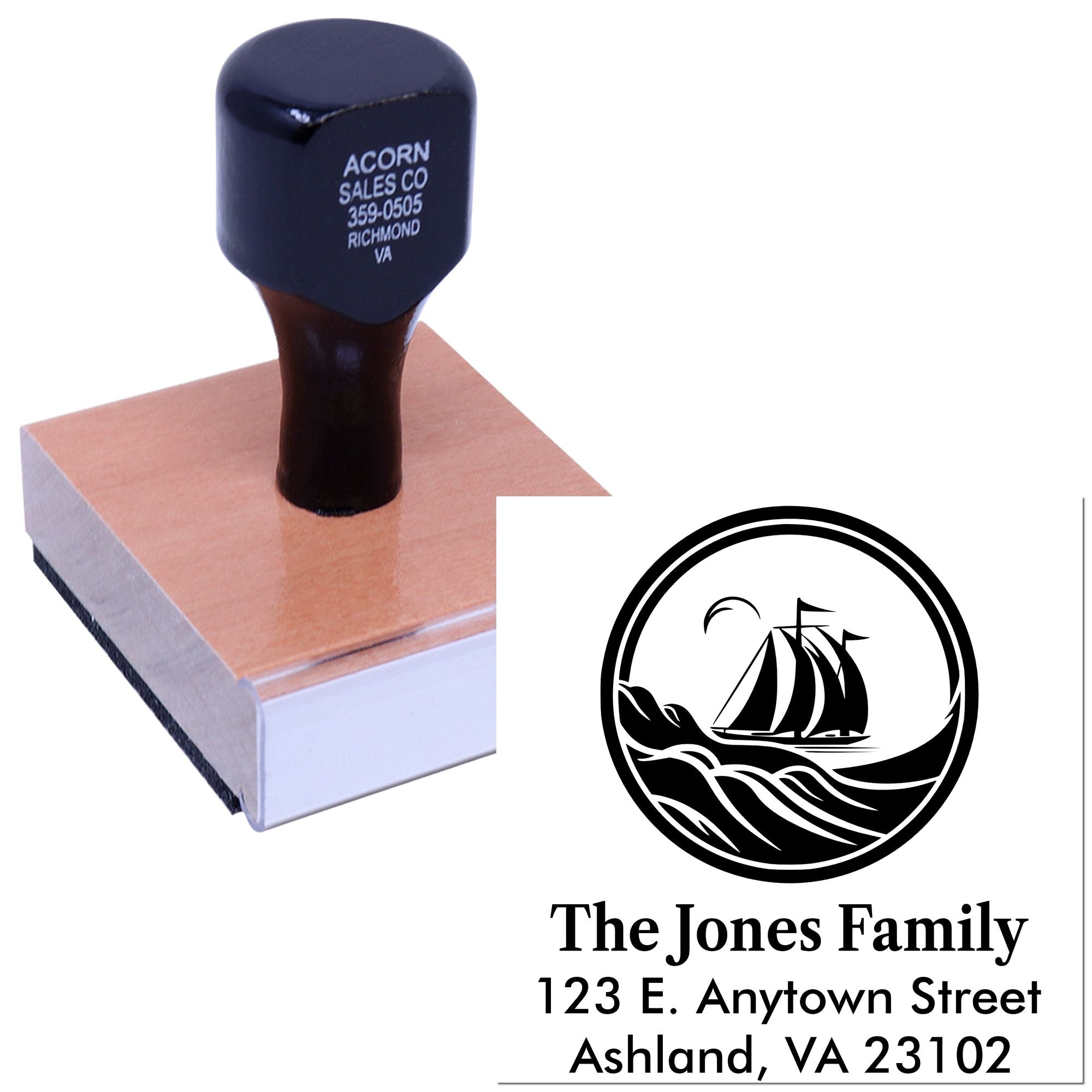 Custom return address rubber stamp with sailboat logo for The Jones Family, 123 E. Anytown Street, Ashland, VA 23102.