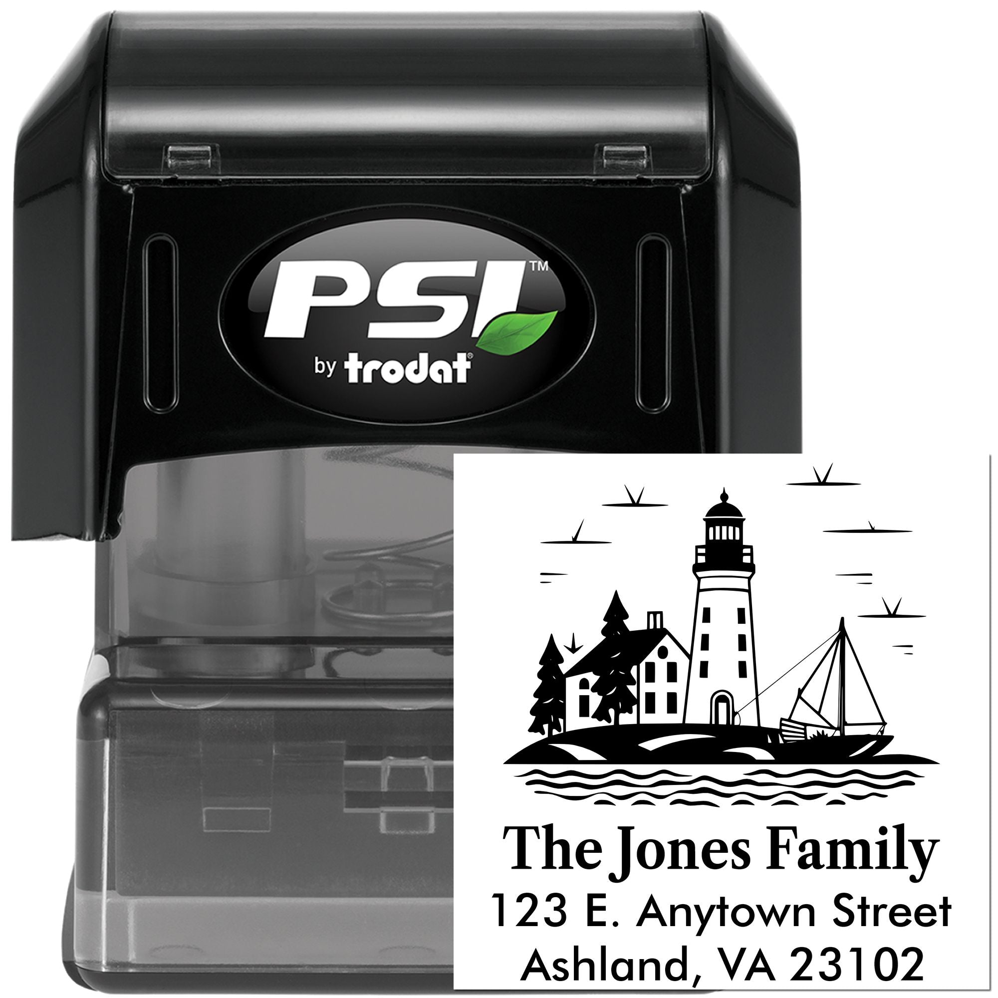 Personalized self-inking return address stamp with lighthouse family design for The Jones Family, Ashland VA 23102.