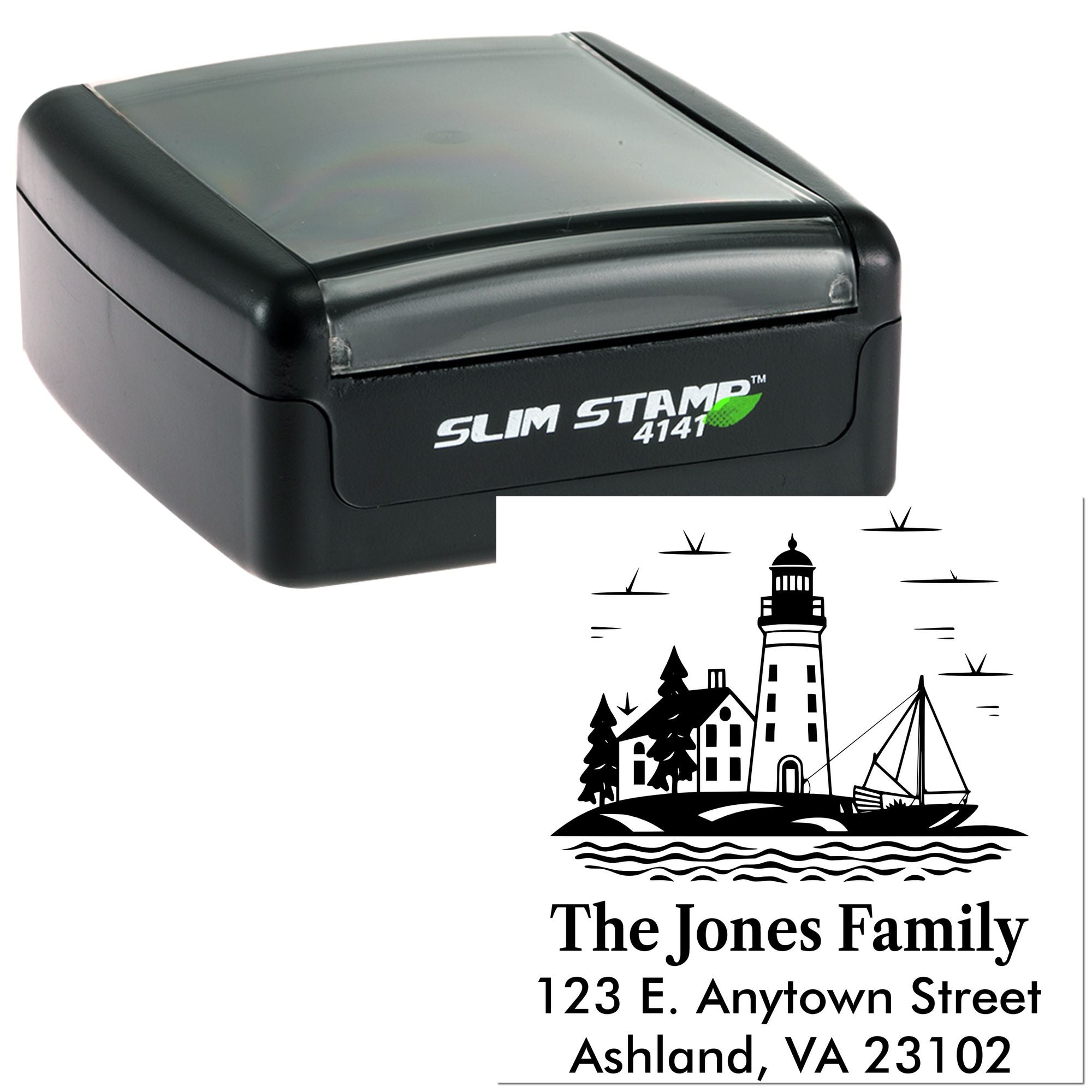 Slim Stamp 4141 custom self-inking rubber stamp with lighthouse return address design for personalized family mail.