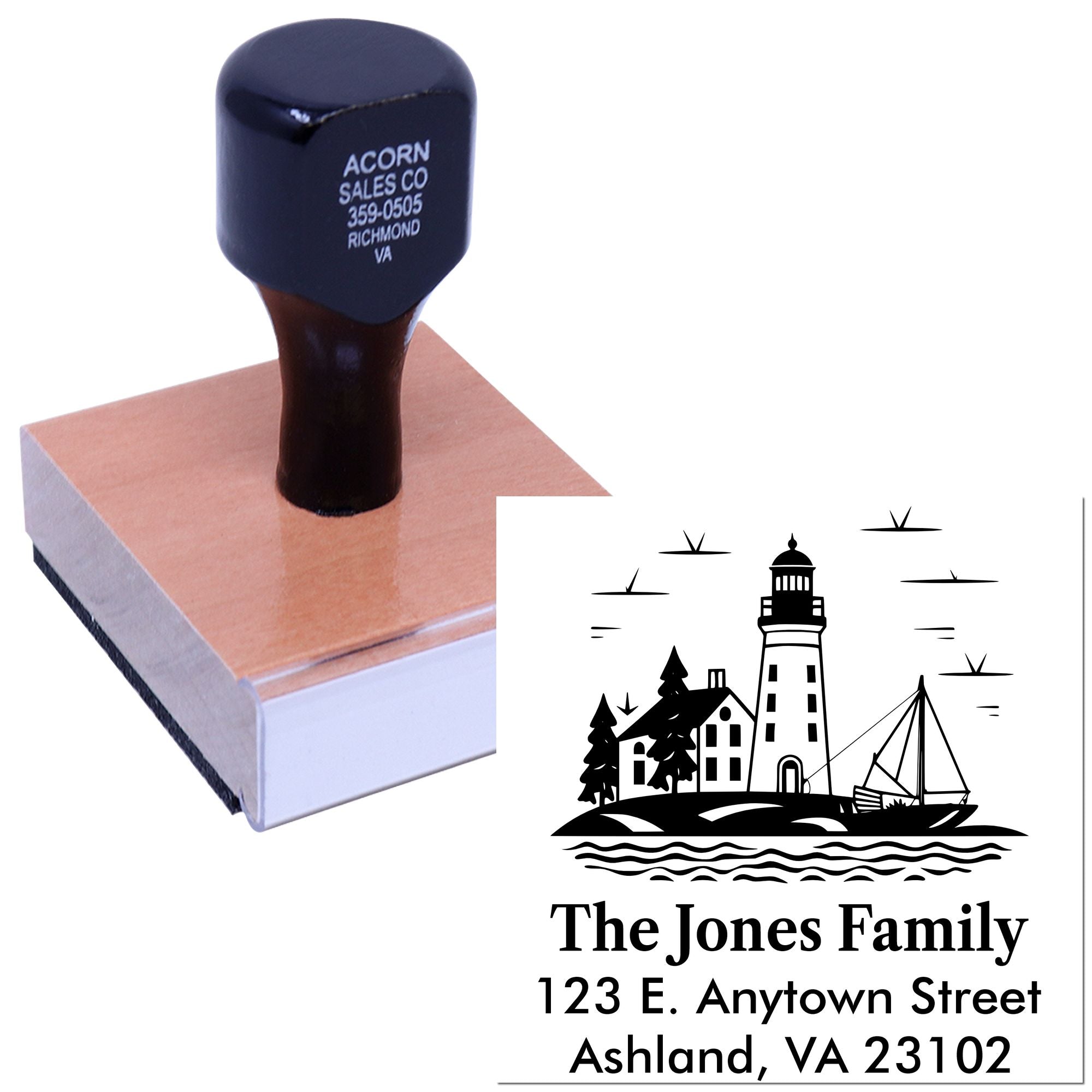 Custom lighthouse address rubber stamp with family name and mailing address for personalized stationery and envelopes.