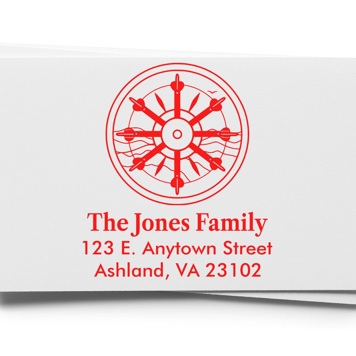 Personalized return address rubber stamp with nautical wheel logo for The Jones Family, Ashland, VA 23102.