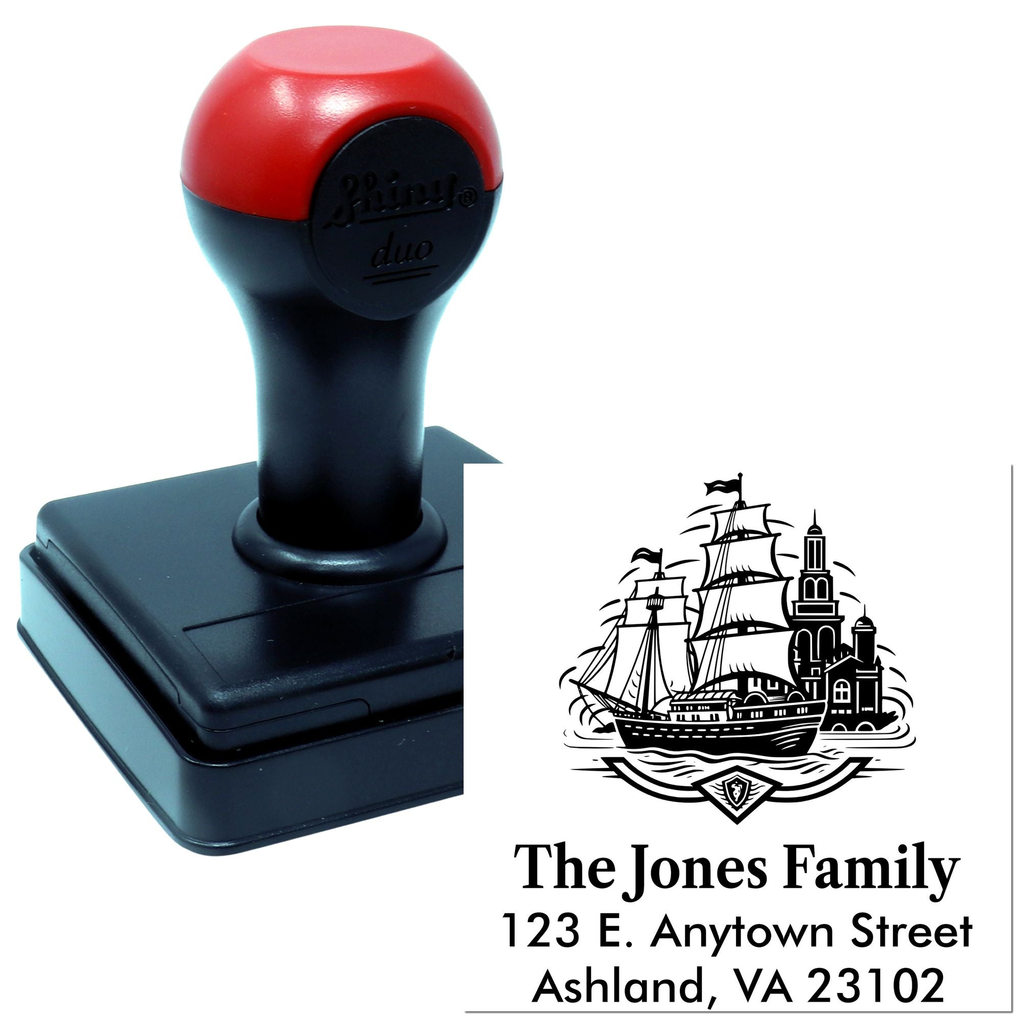 Custom self-inking return address rubber stamp with nautical ship design for The Jones Family, Ashland, VA.