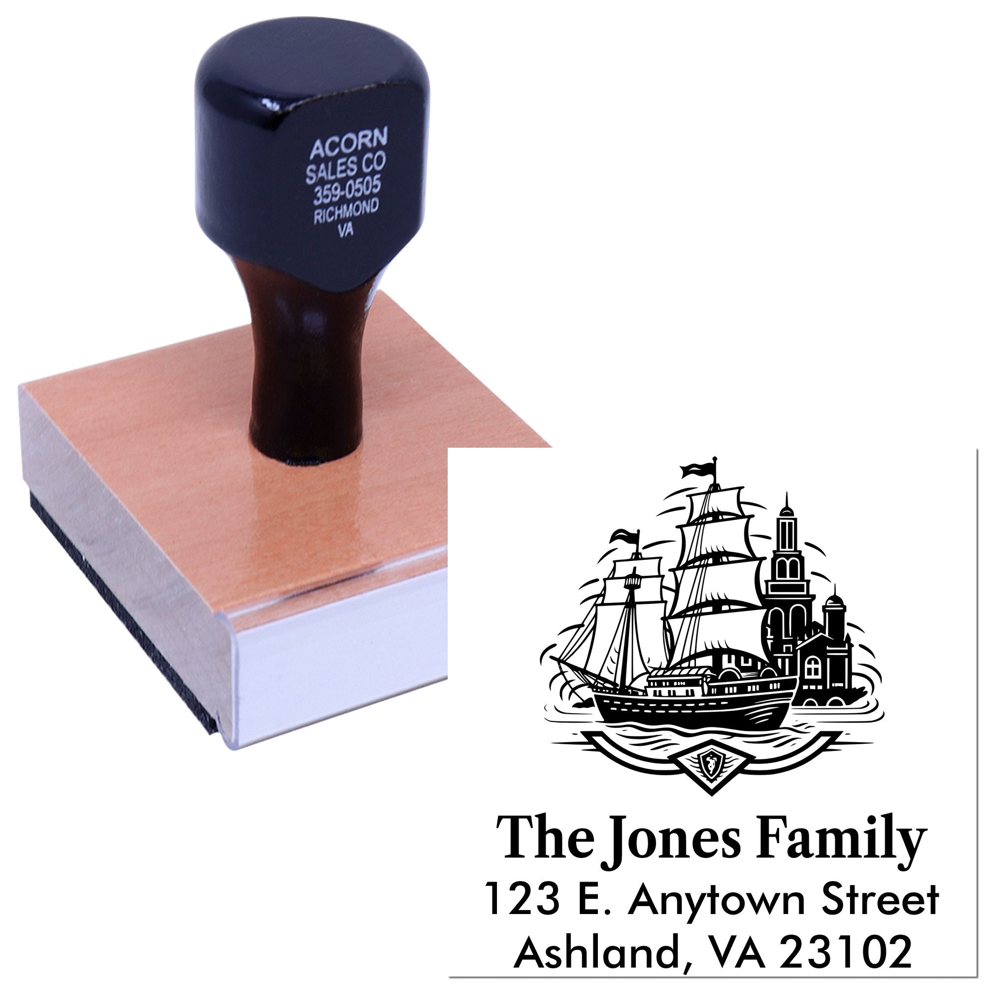 Custom rubber stamp with nautical return address design for personalized family mail and envelope stamping.