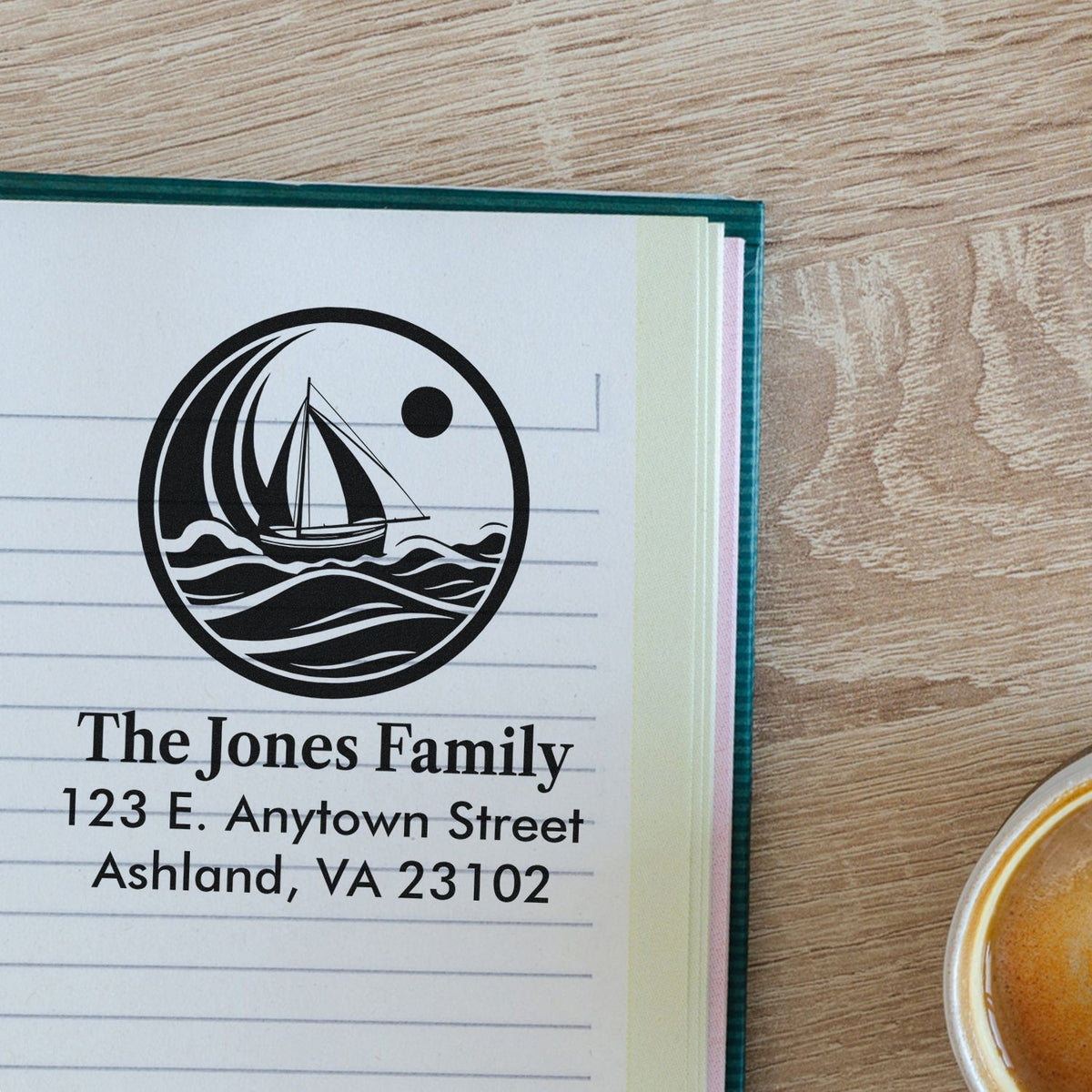 Personalized return address rubber stamp with sailboat design for custom family mailing labels on notebook paper.