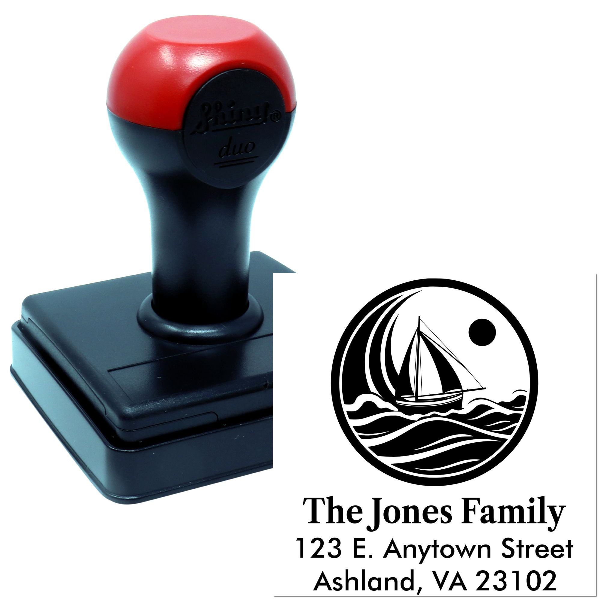Custom return address rubber stamp with sailboat family logo for personalized mail, wedding invites, and home correspondence.