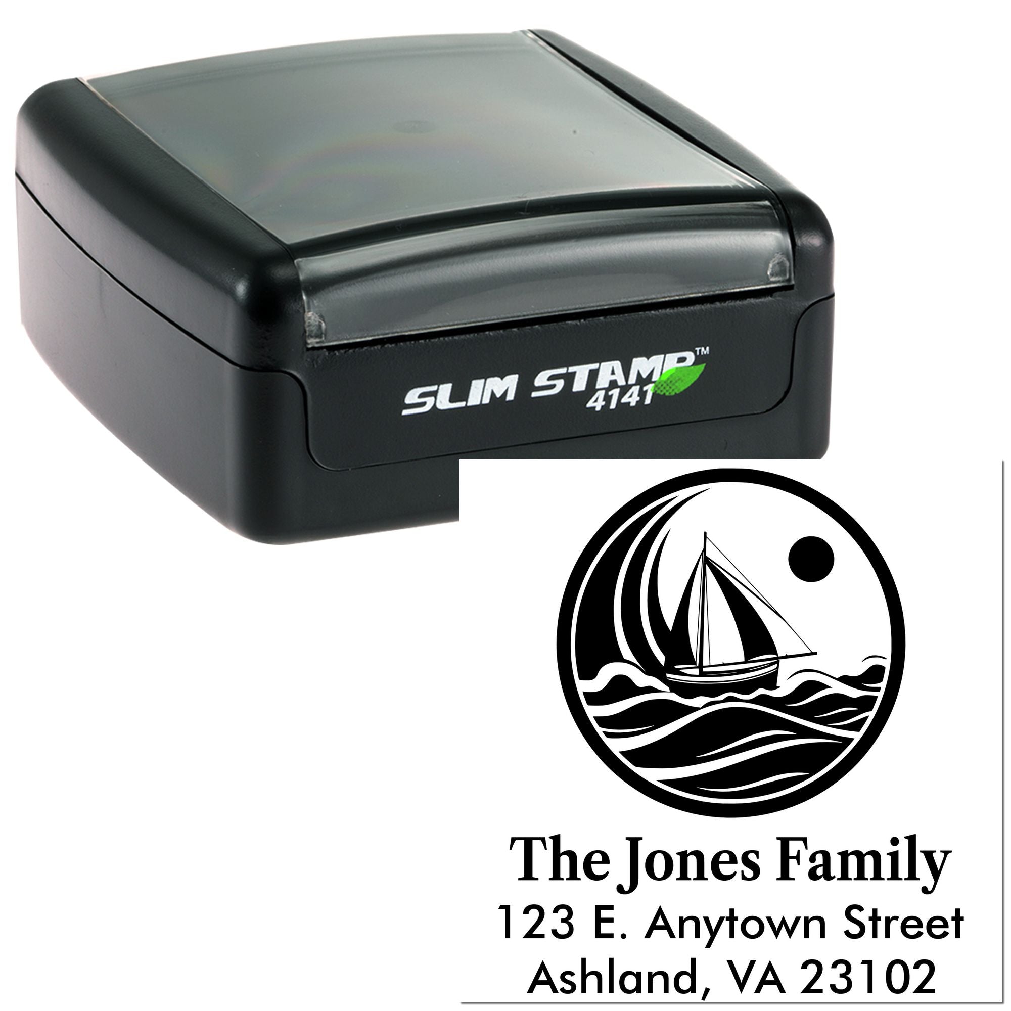 Custom sailboat return address rubber stamp with family name and address for personalized envelope mailing.