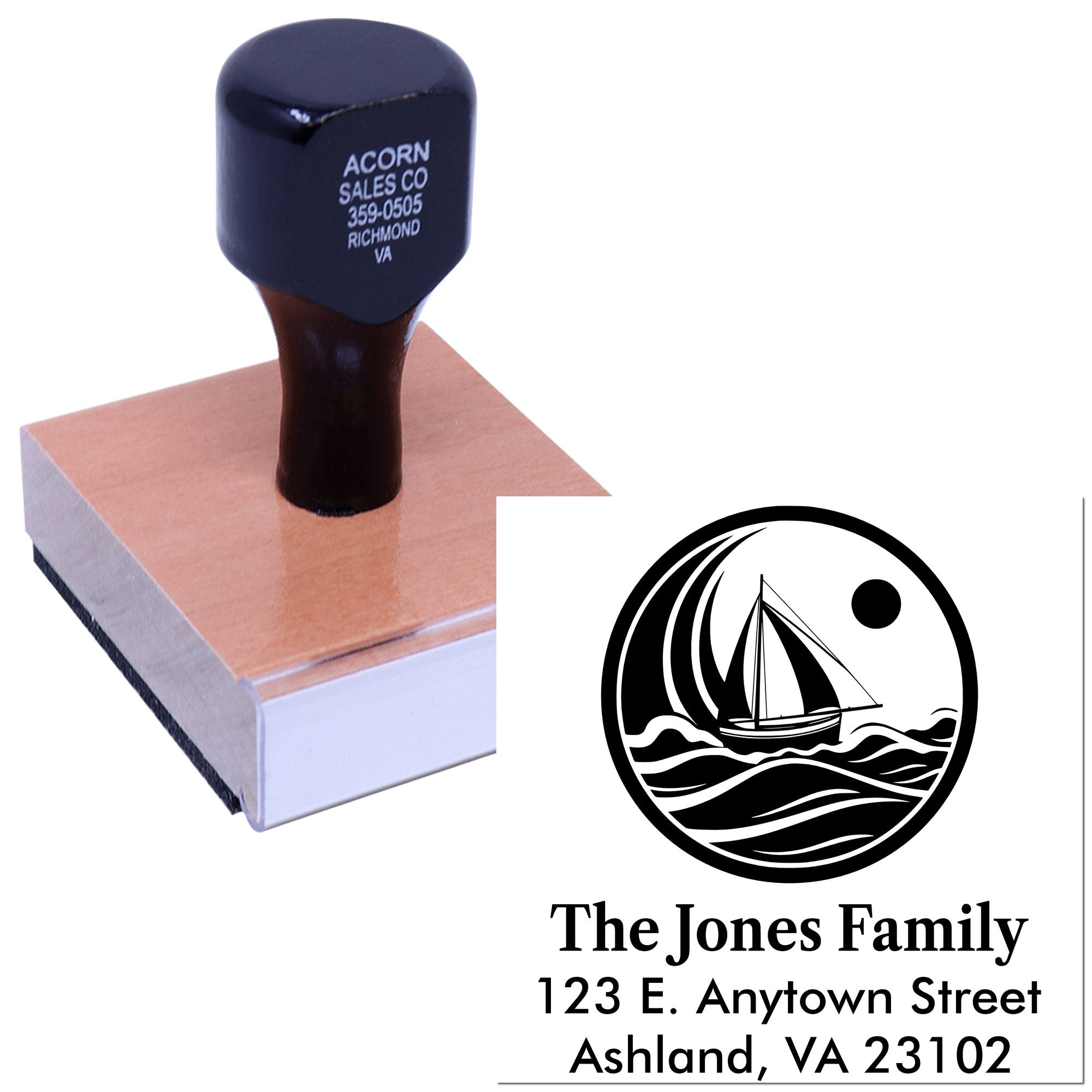 Custom rubber address stamp with sailboat family logo and return address for The Jones Family
