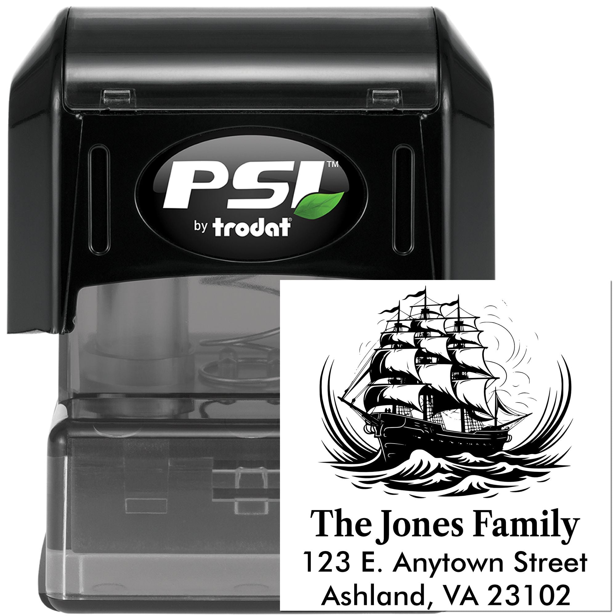 PSI by Trodat self-inking address stamp with custom ship logo for The Jones Family return address.