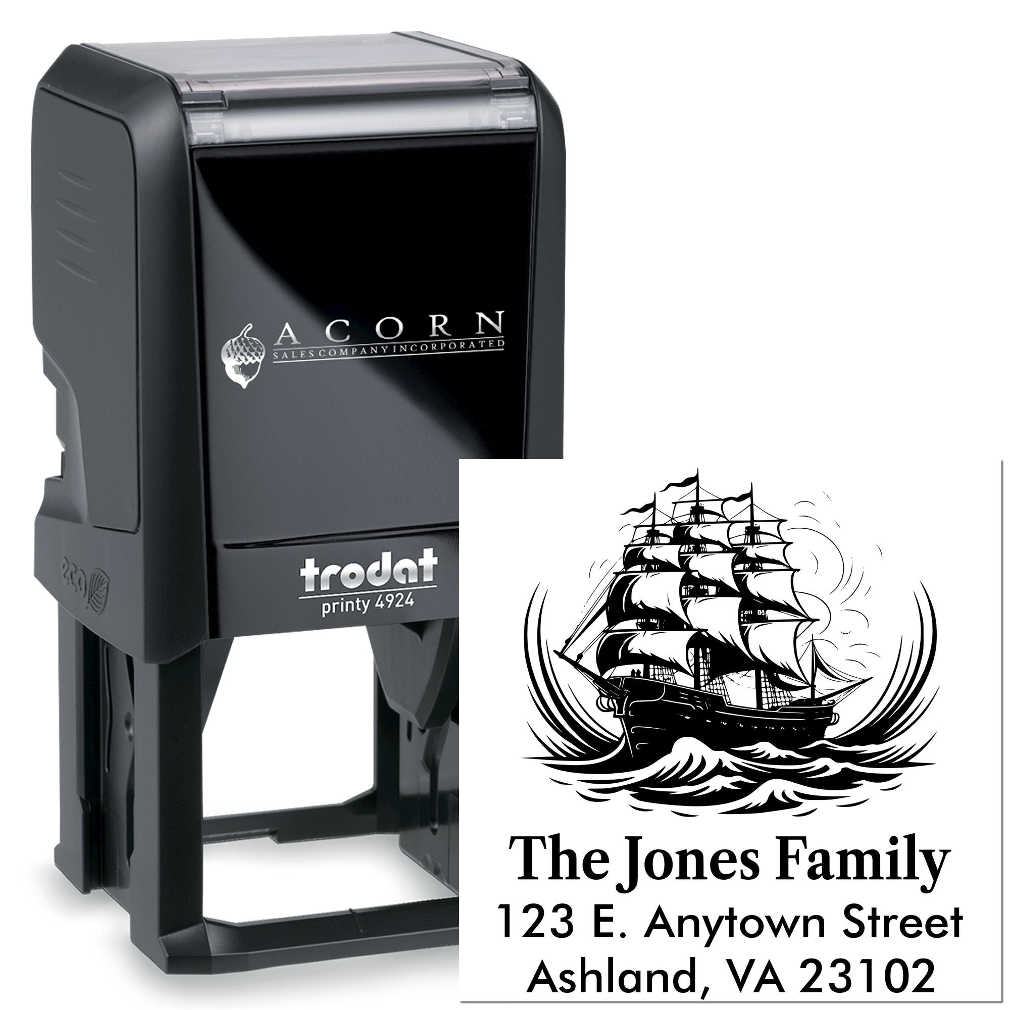 Trodat self-inking rubber stamp with custom sailing ship family address design for personalized mailing