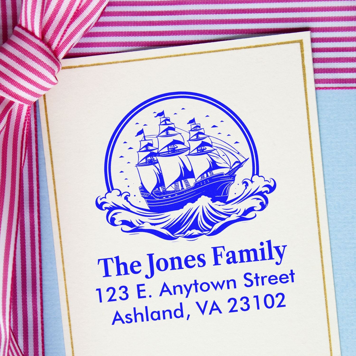 Personalized return address rubber stamp with sailing ship design for family stationery and mailings.