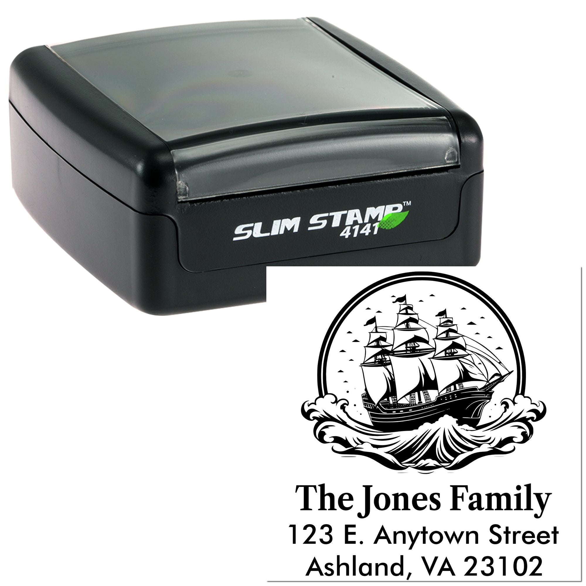 Custom self-inking rubber address stamp with ship design for The Jones Family, Ashland VA return address imprint.