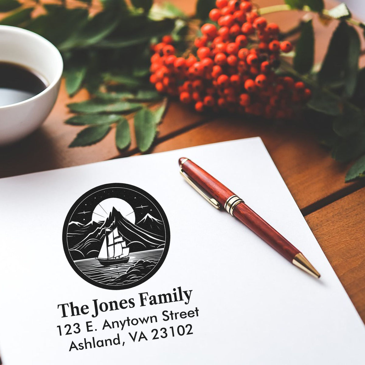 Custom return address rubber stamp with nautical sailboat logo and family name, ideal for personalized stationery and mail.