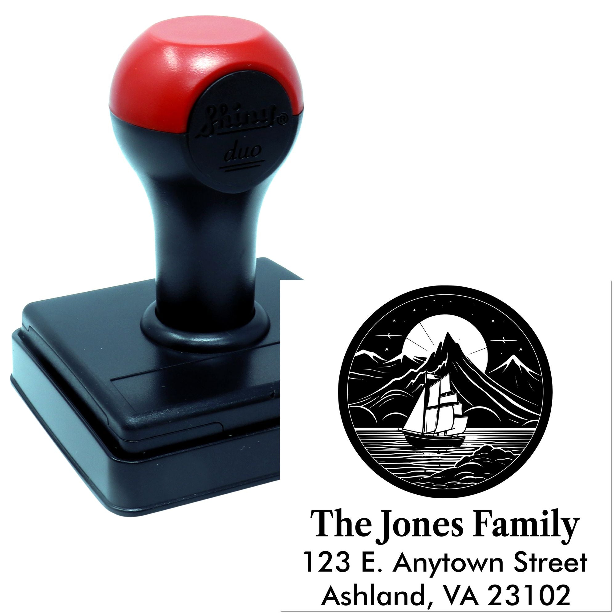 Personalized custom rubber address stamp with sailboat logo, showing The Jones Family return address imprint.