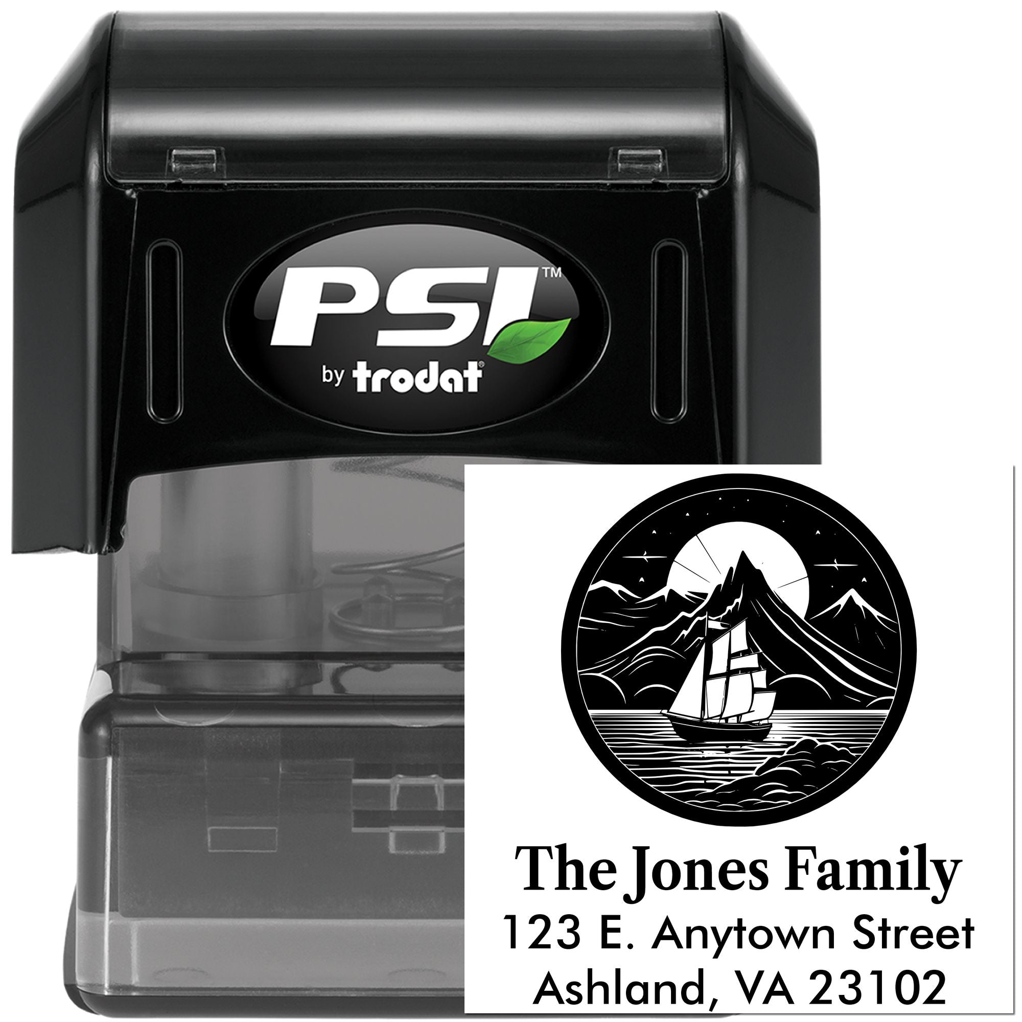 Custom self-inking PSI by Trodat rubber stamp with sailboat family address design for personalized mailing labels.