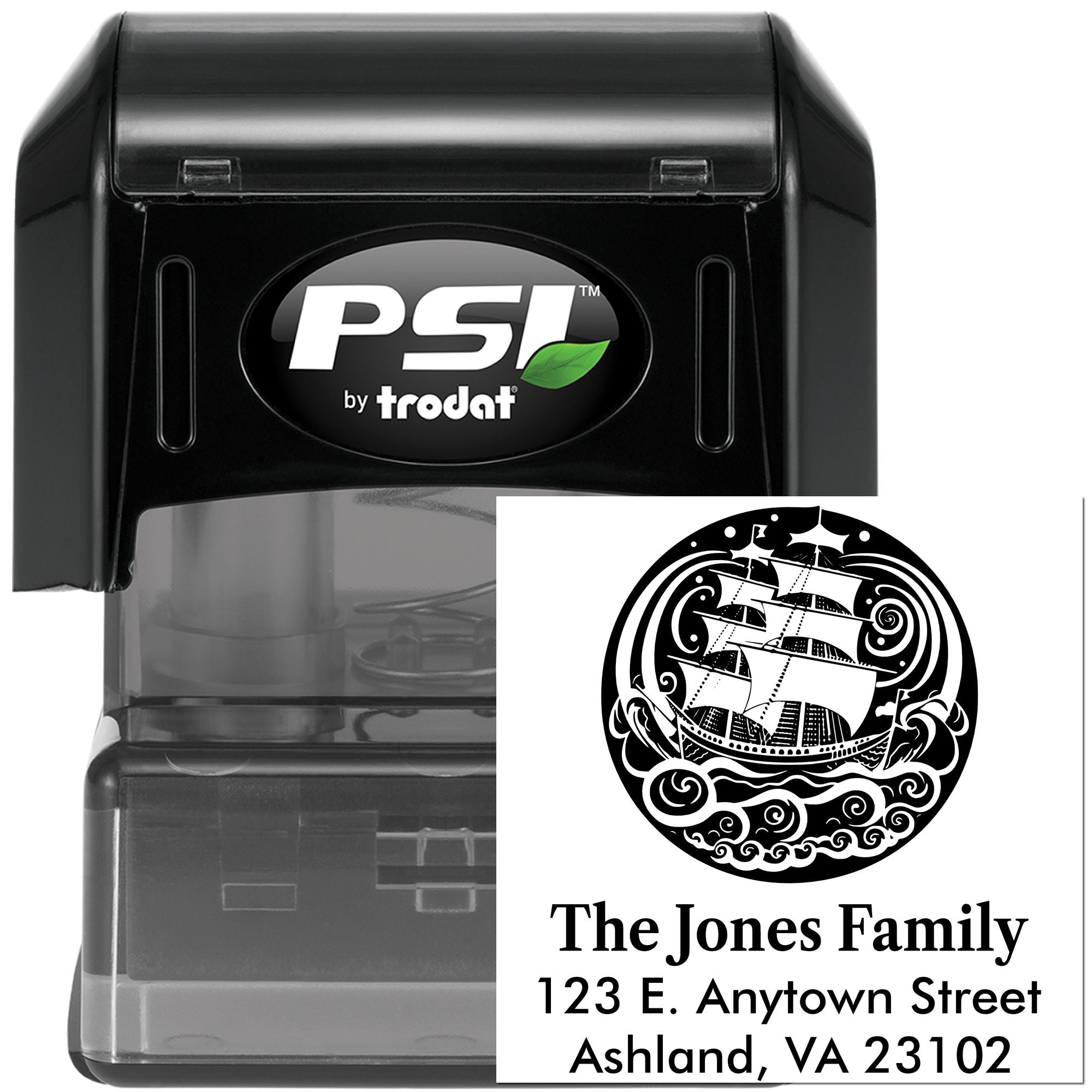 Personalized self-inking return address rubber stamp with ship design, ideal for The Jones Family mailing labels.