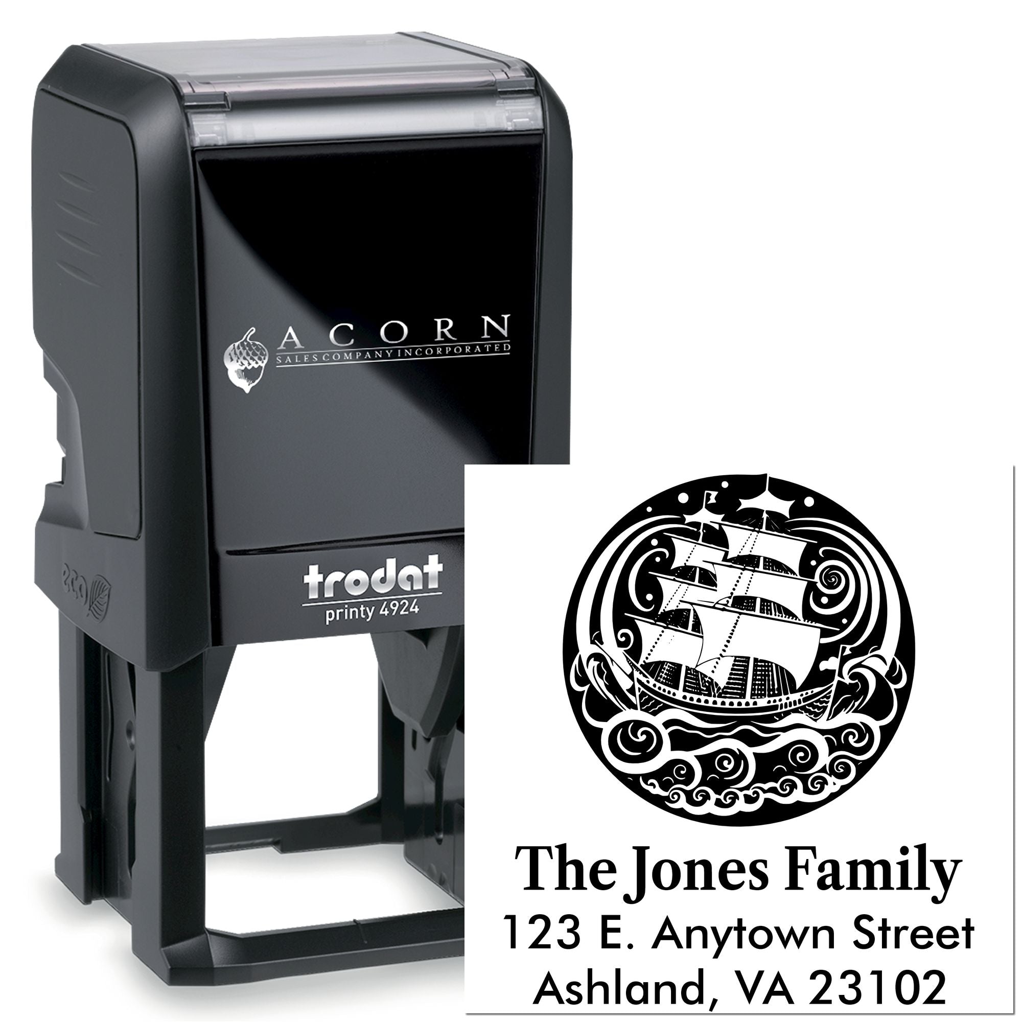 Custom self-inking rubber stamp with nautical family address design for personalized home, business, or return address stamping.
