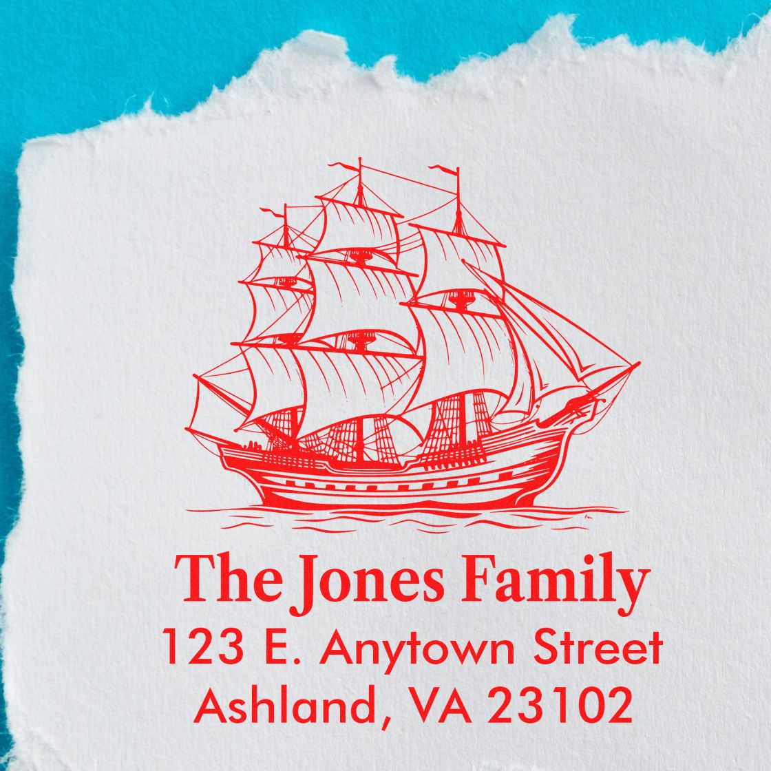 Custom rubber stamp with sailing ship design and return address for The Jones Family, ideal for personalized mail.