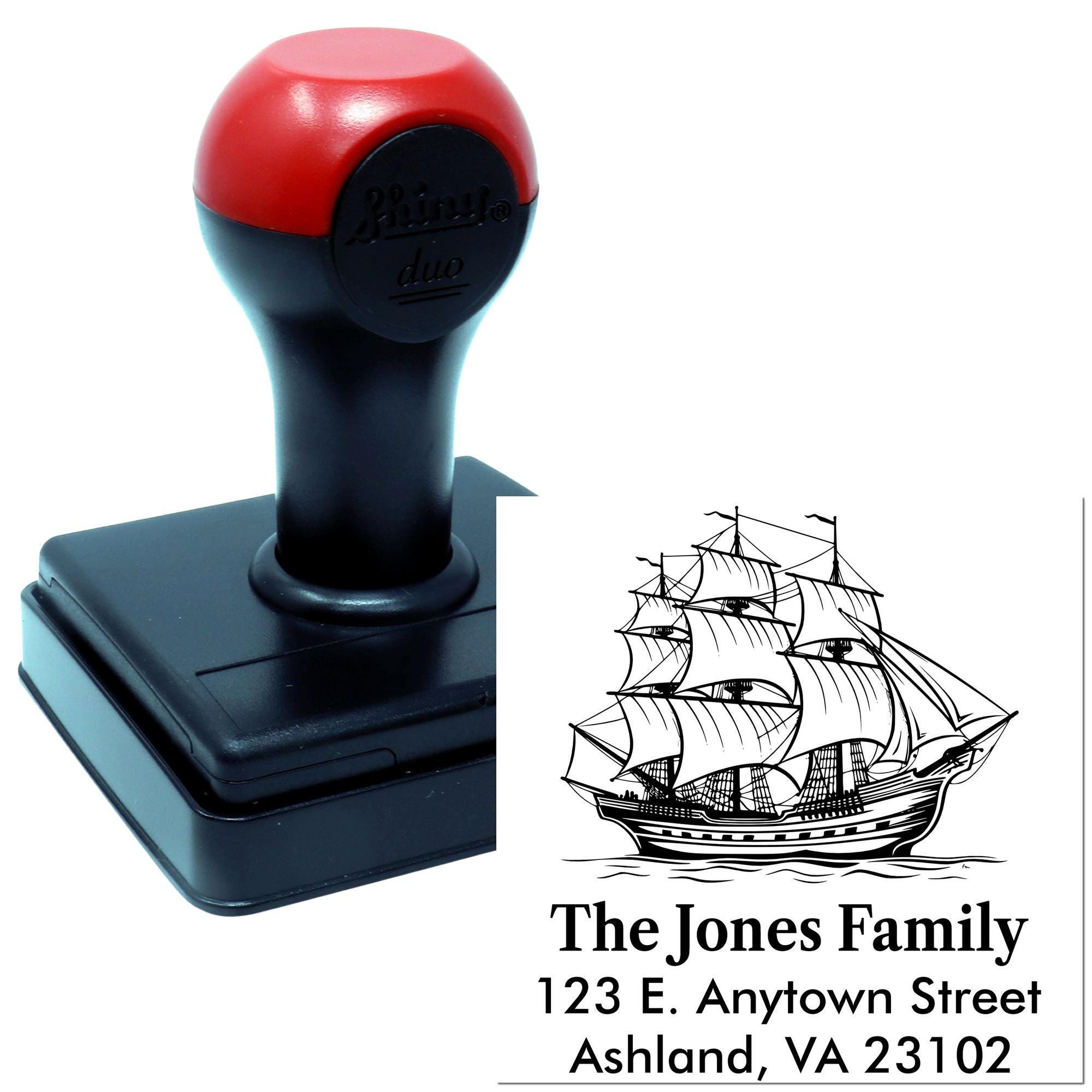 Custom self-inking rubber stamp with ship design and return address for The Jones Family, ideal for personalized mailing.