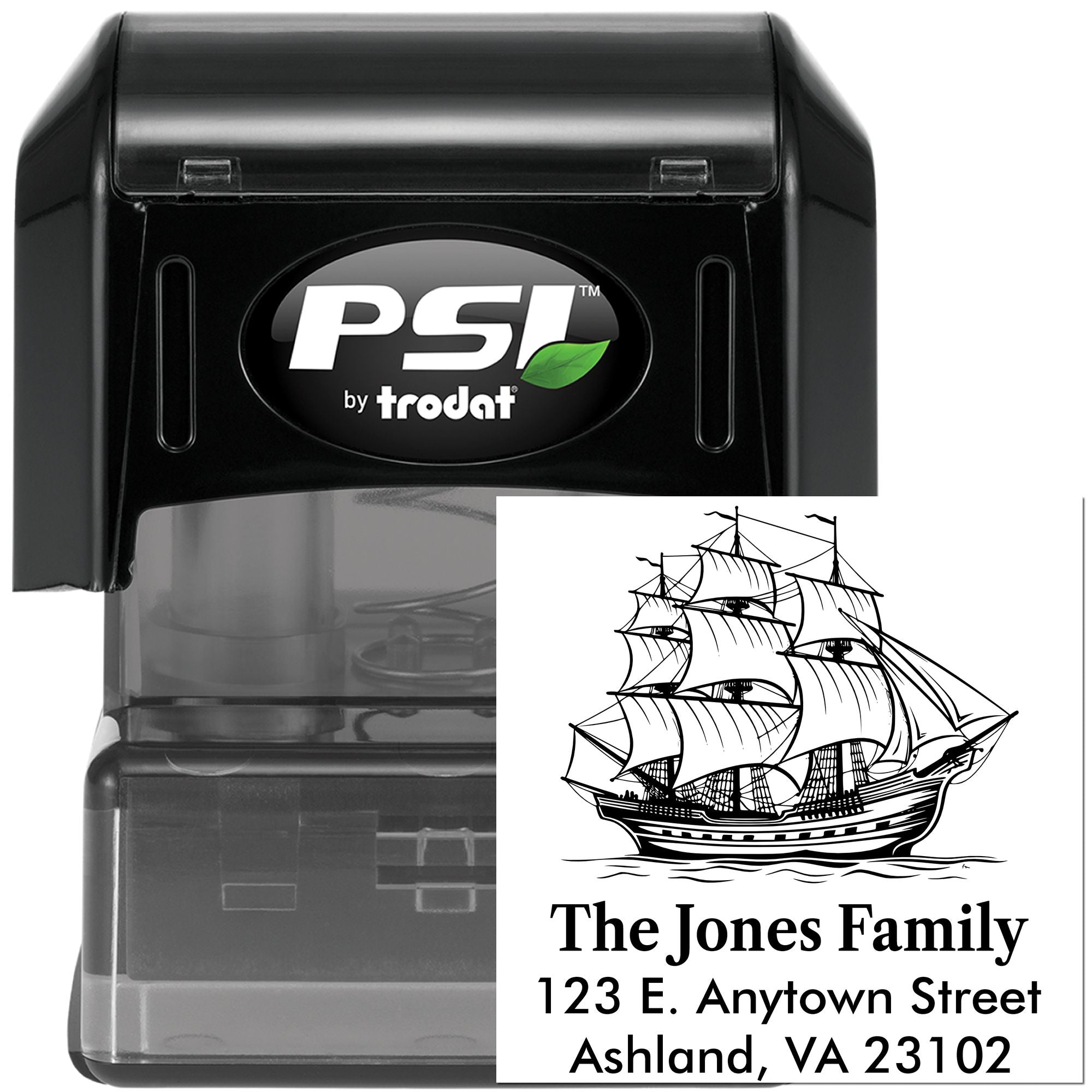 PSI by Trodat self-inking rubber stamp with personalized ship address design for The Jones Family.