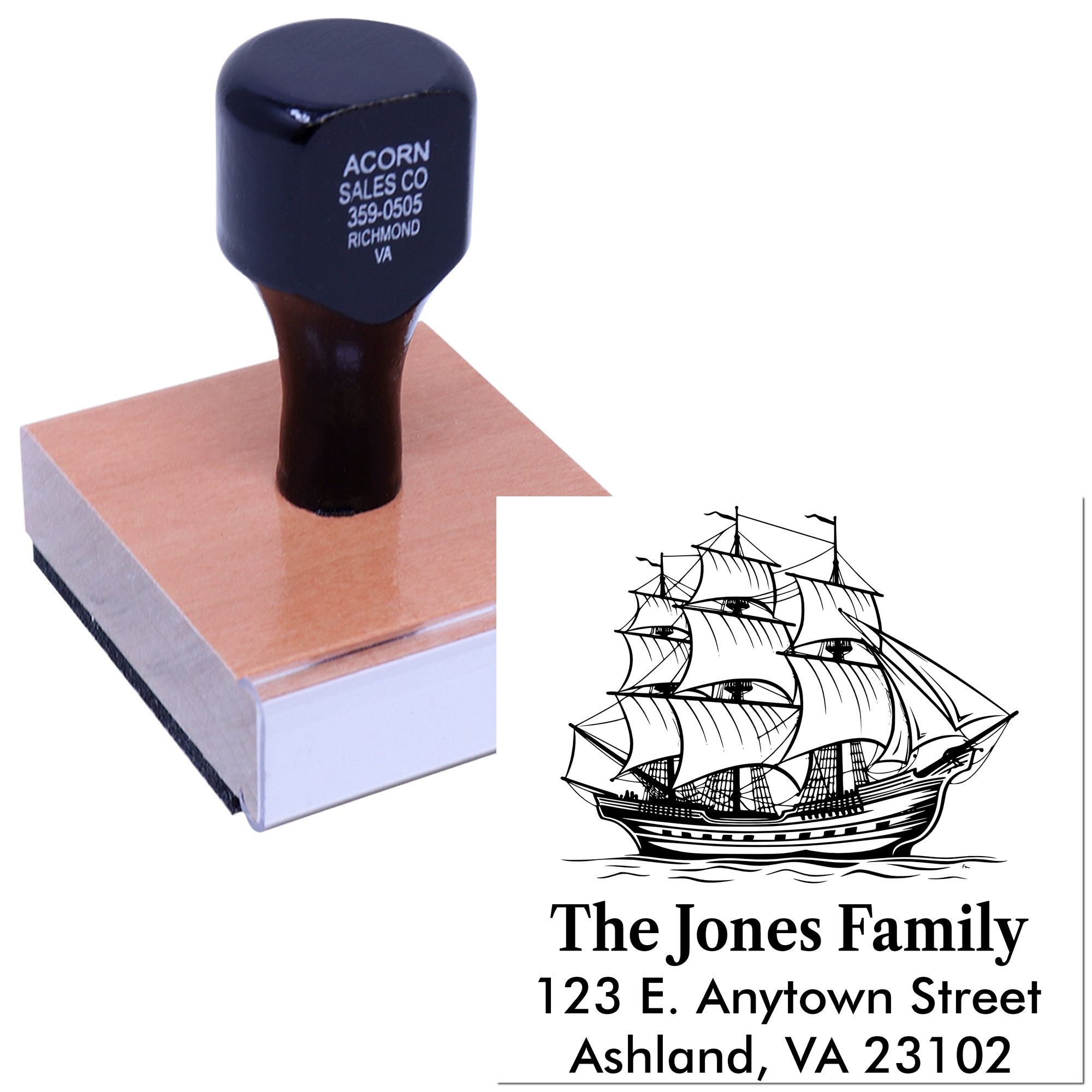 Custom rubber stamp with ship design for personalized return address imprint by The Jones Family.