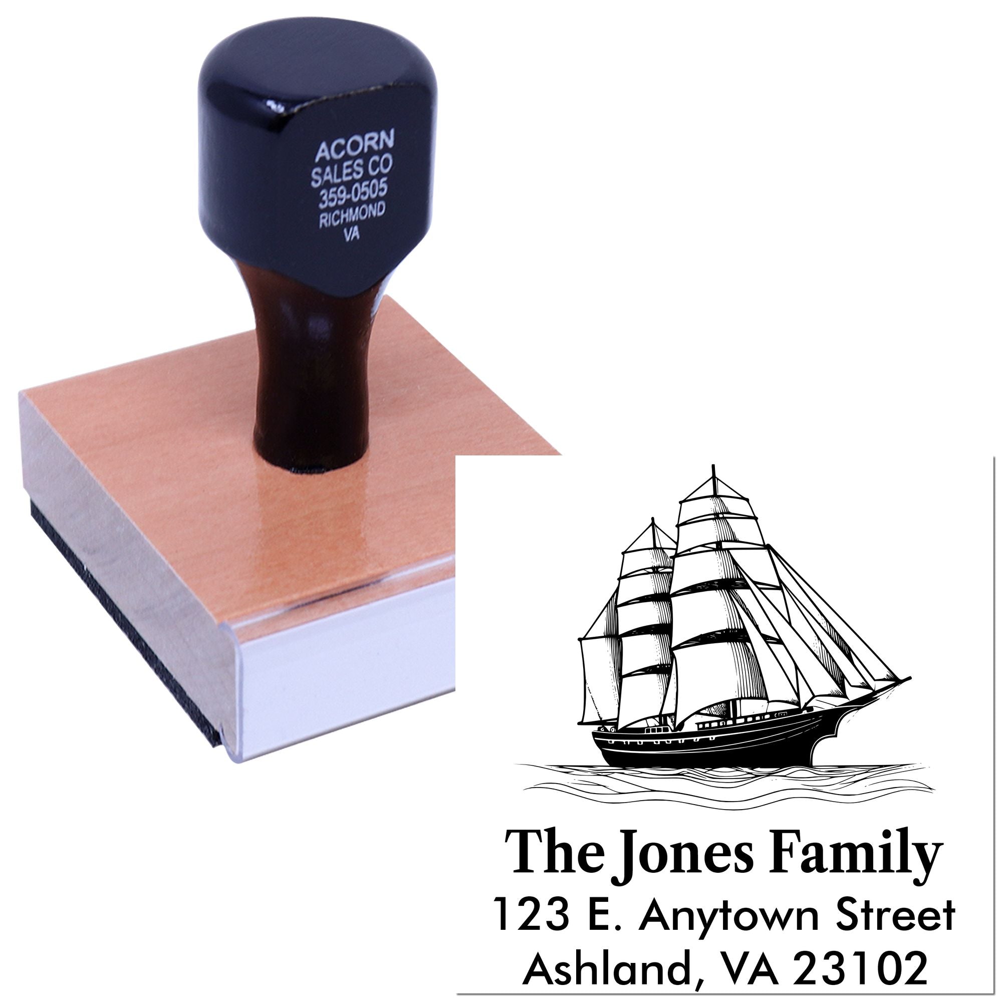 Custom address rubber stamp with nautical ship logo and family name for personalized mailing