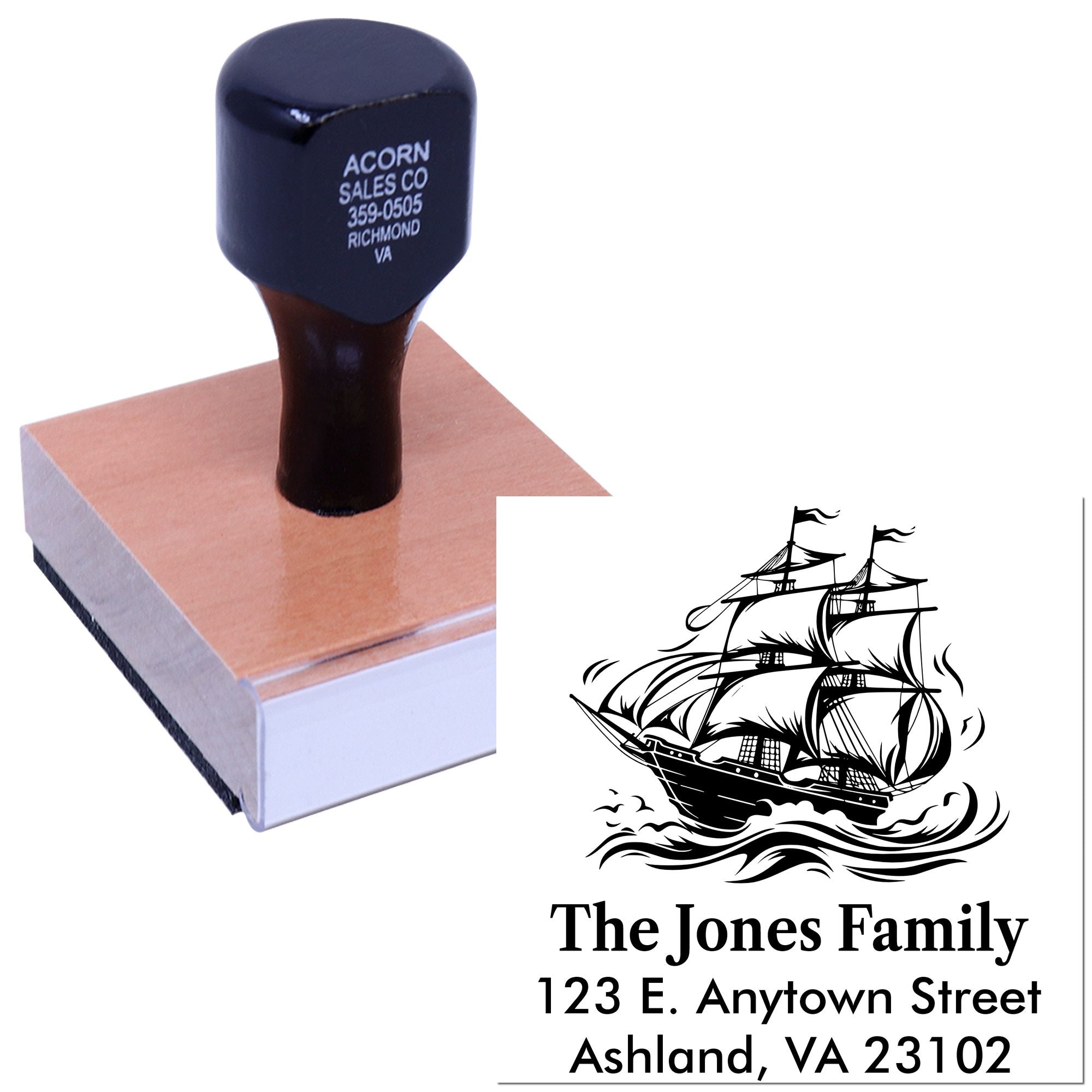 Custom return address rubber stamp with sailing ship logo for family mailings