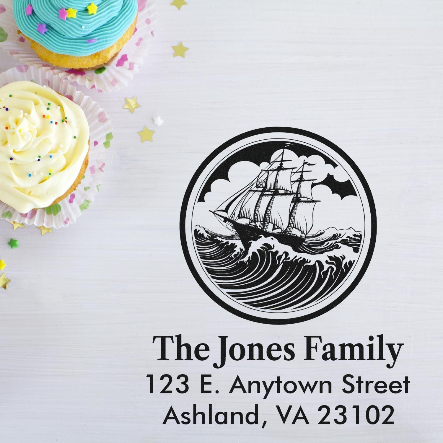 Custom nautical return address rubber stamp with sailing ship design for personalized family mail and envelopes.