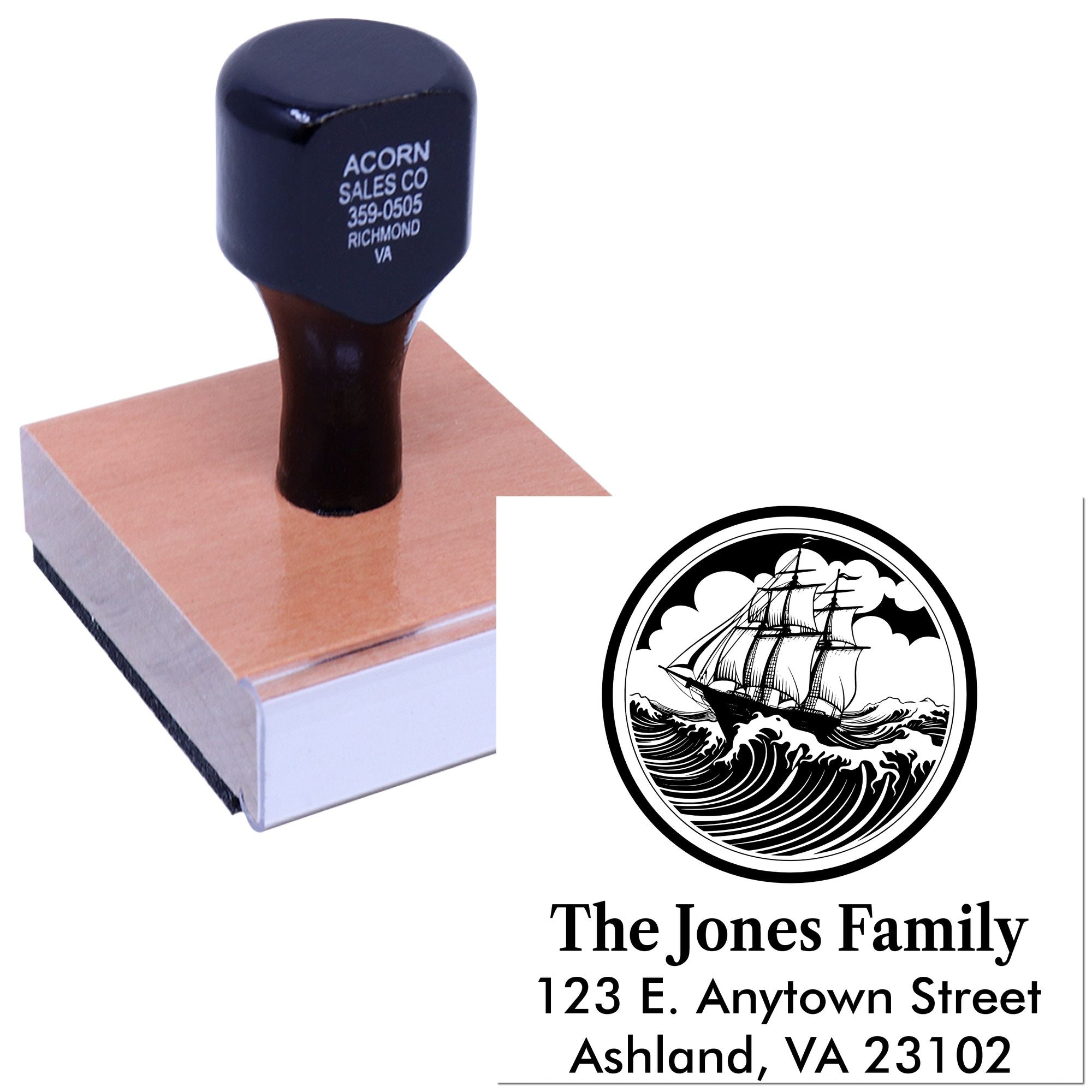 Custom personalized return address rubber stamp with nautical ship logo for The Jones Family