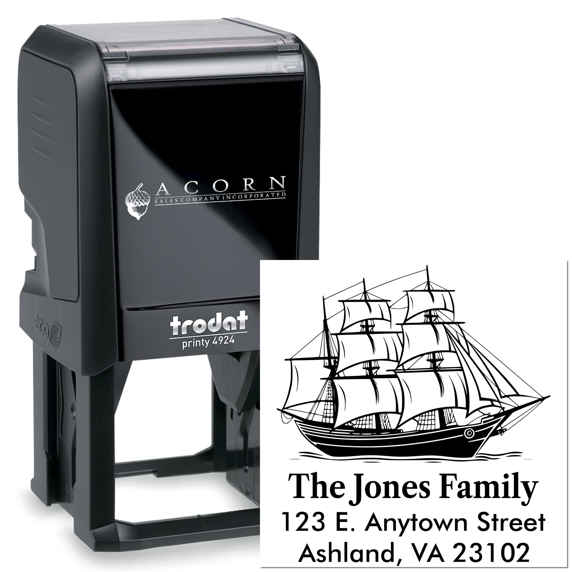 Custom self-inking rubber address stamp with ship design, shown on Trodat Printy 4924 stamp for personalized family imprint.