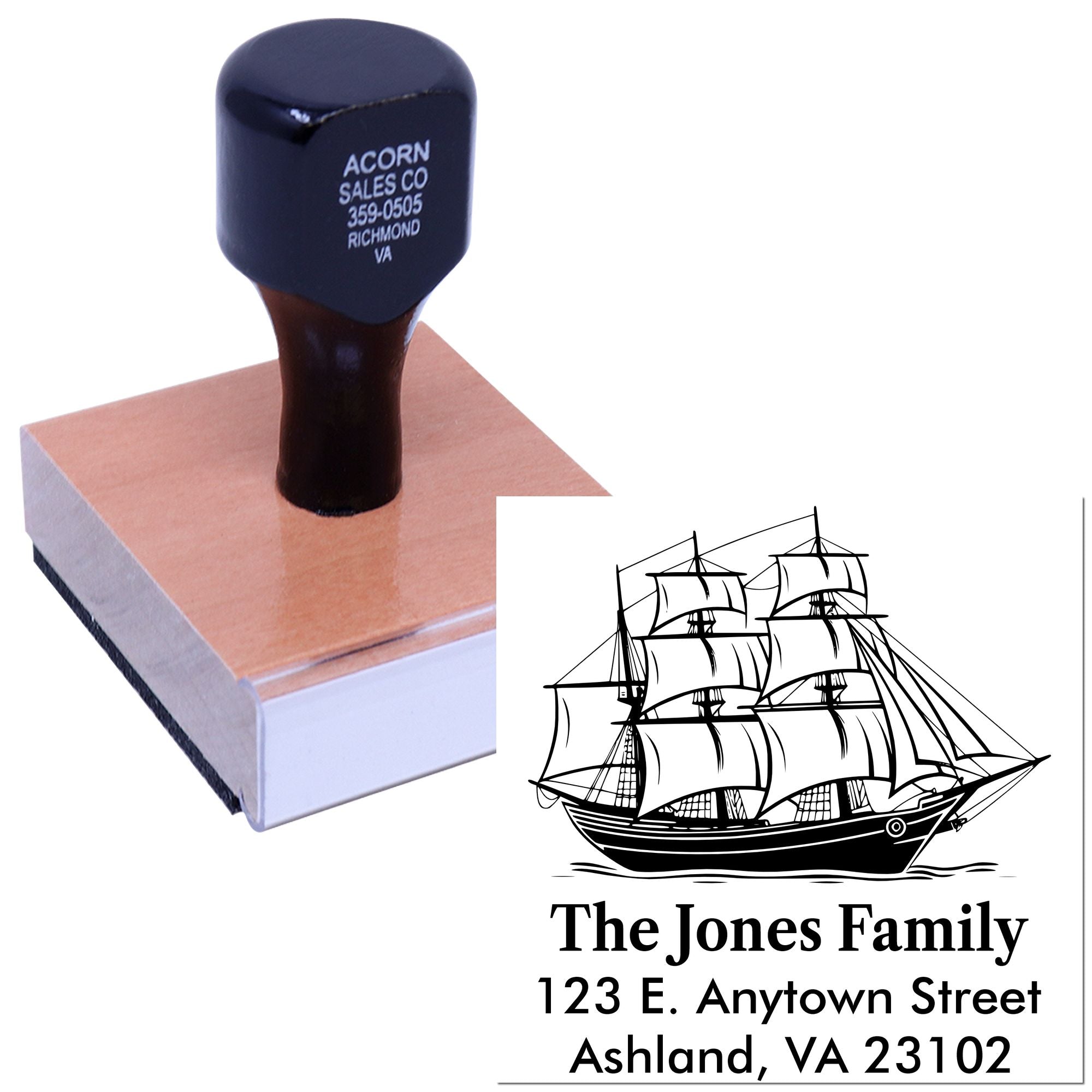 Custom address rubber stamp with sailing ship family return address design for personalized envelopes and business mailing