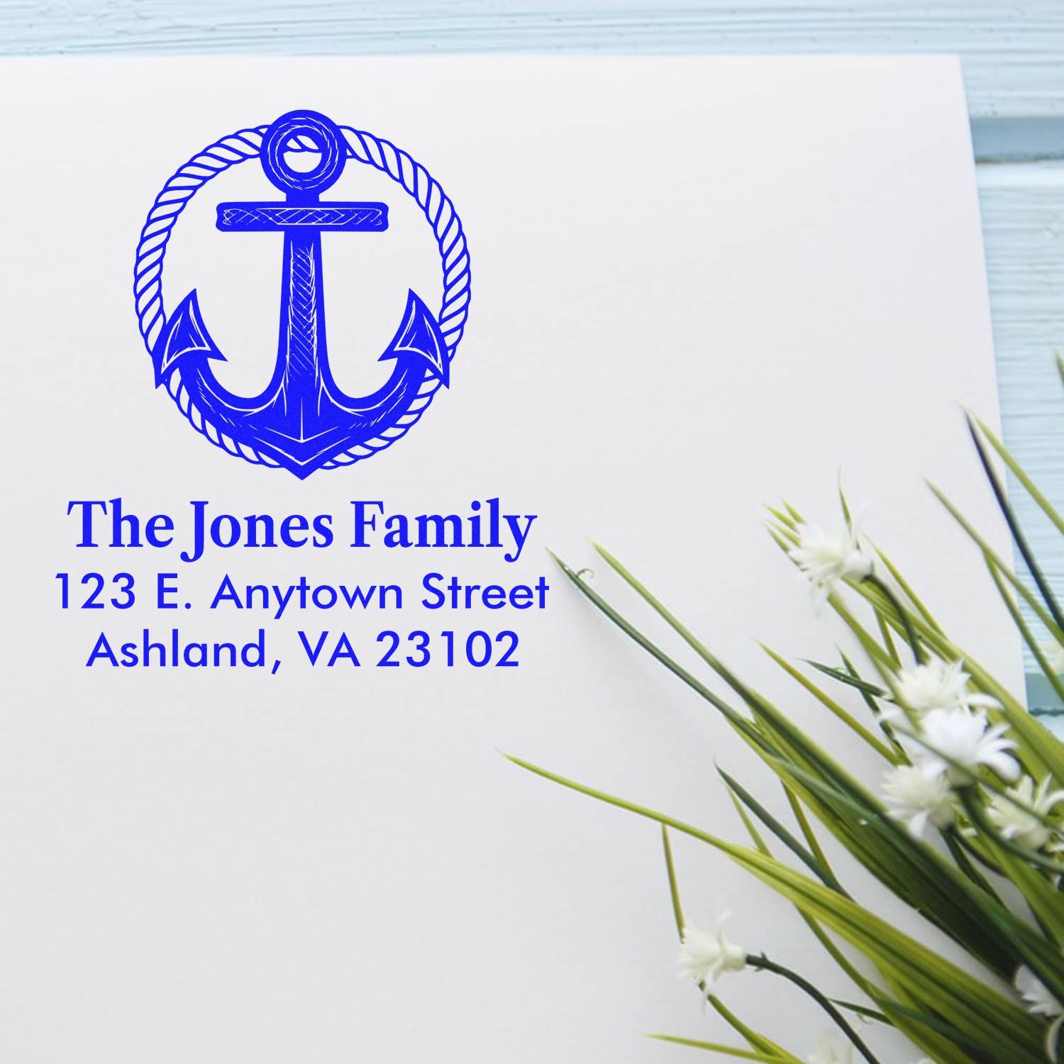 Custom anchor return address rubber stamp for The Jones Family, with name and Ashland, VA mailing address.