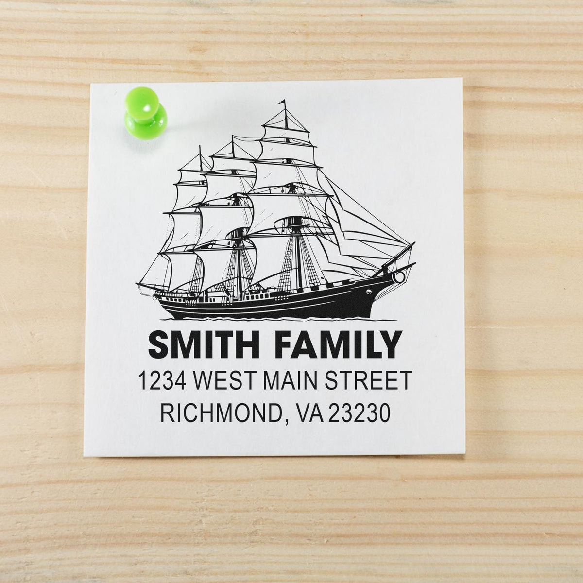 Custom nautical family address rubber stamp with sailing ship design for personalized return mail and envelopes.