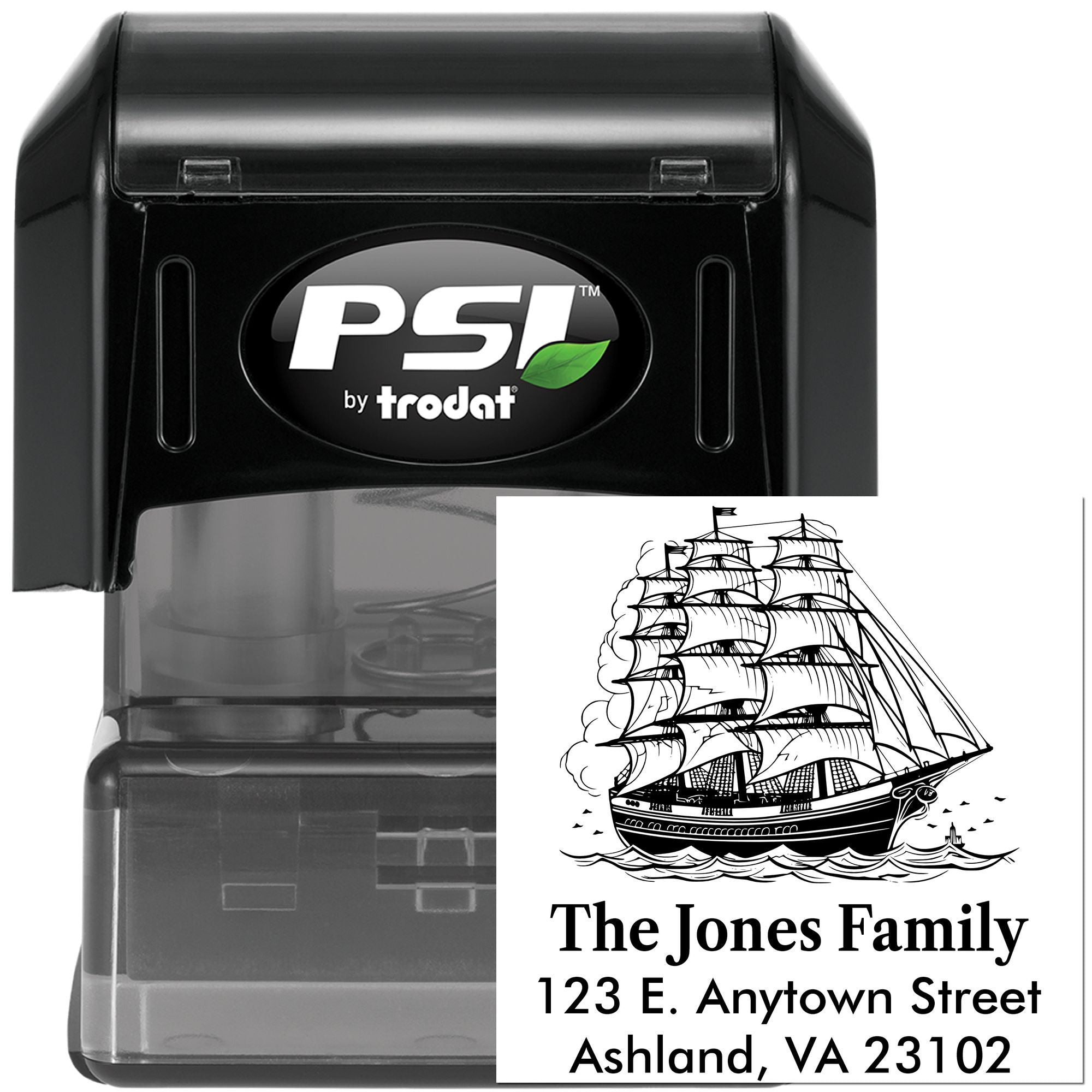 Custom self-inking rubber address stamp with sailing ship design for personalized family mailings and return addresses