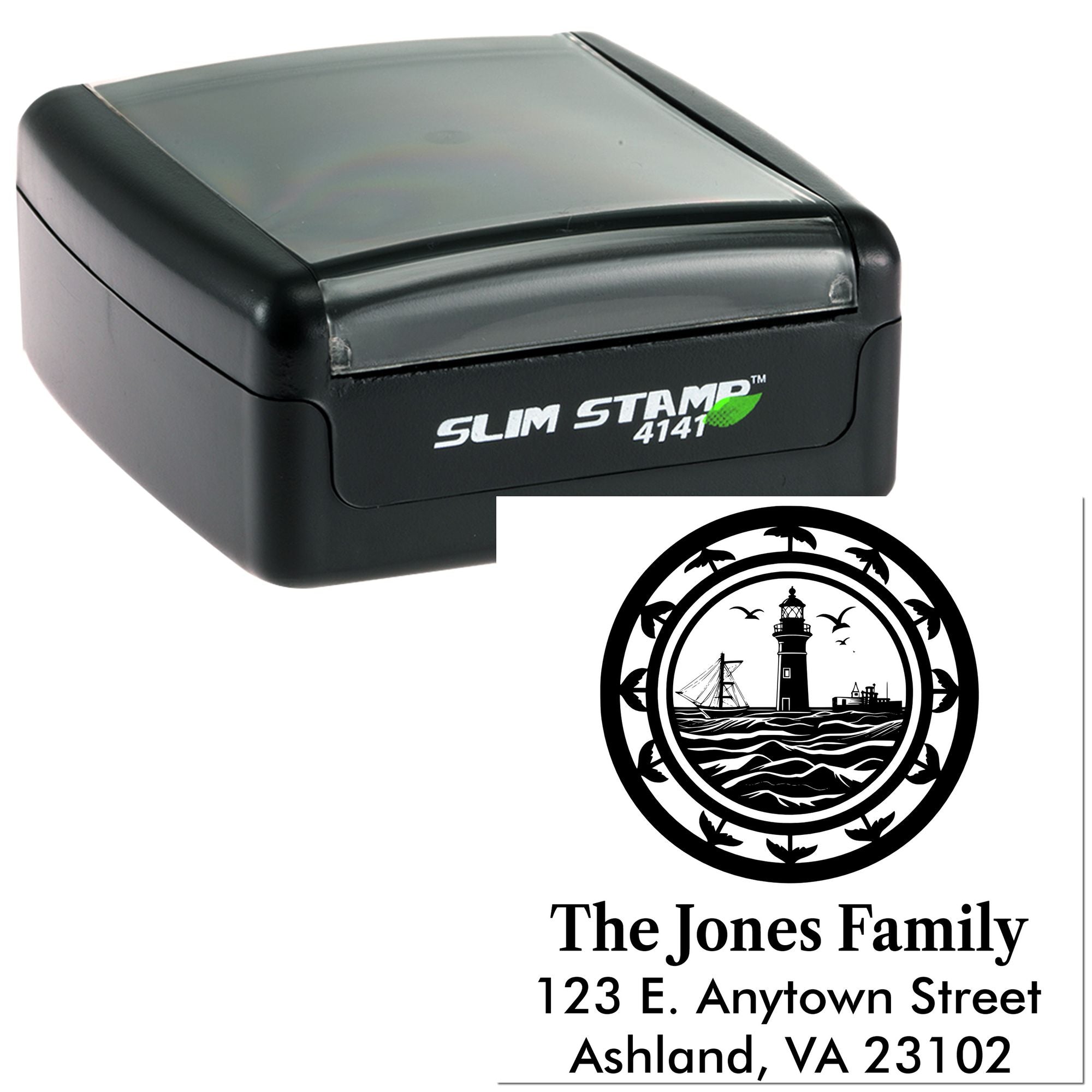 Custom lighthouse address rubber stamp with The Jones Family and Ashland, VA return address.